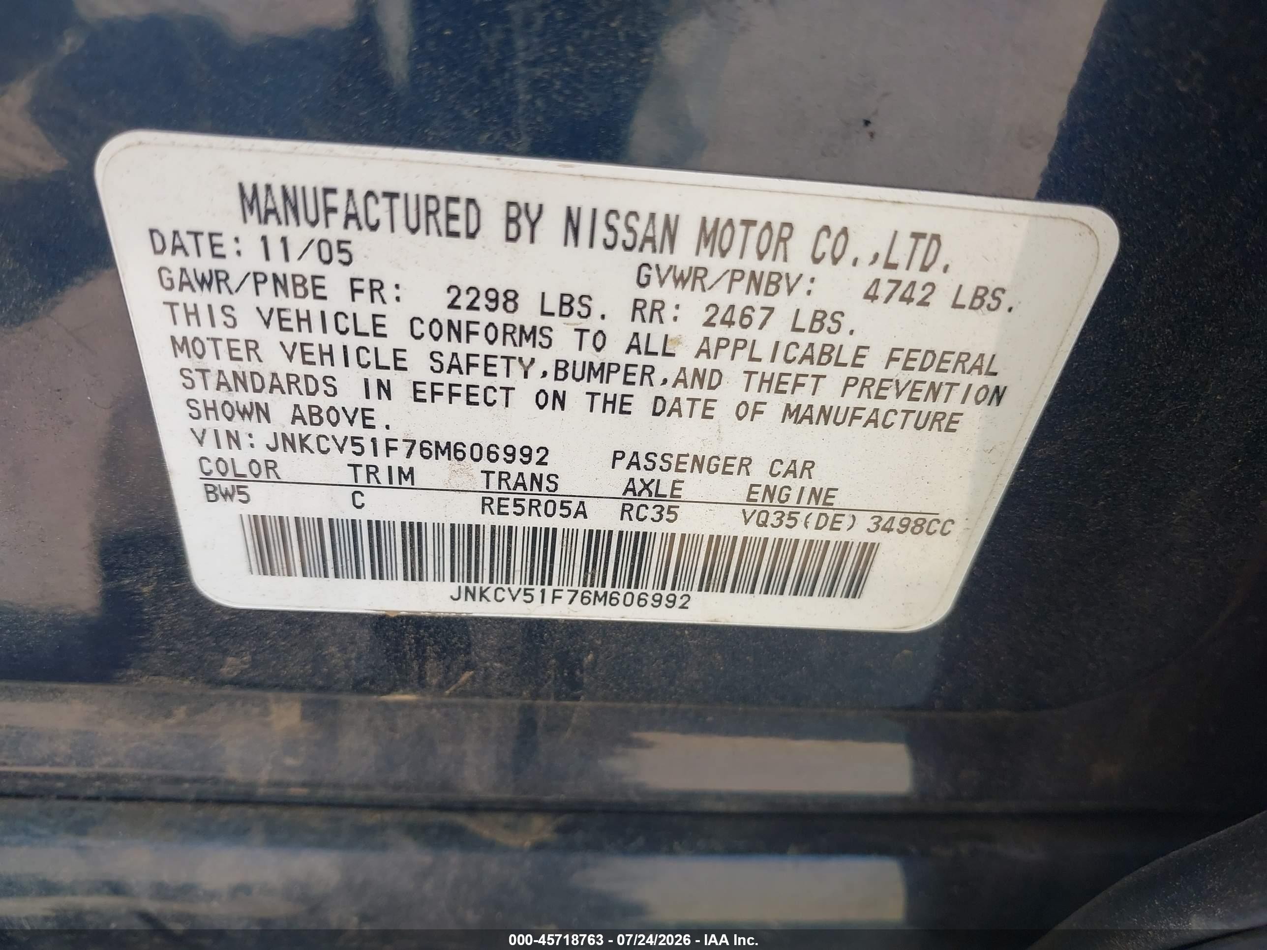 2006 Infiniti G35x Black vin: JNKCV51F76M606992