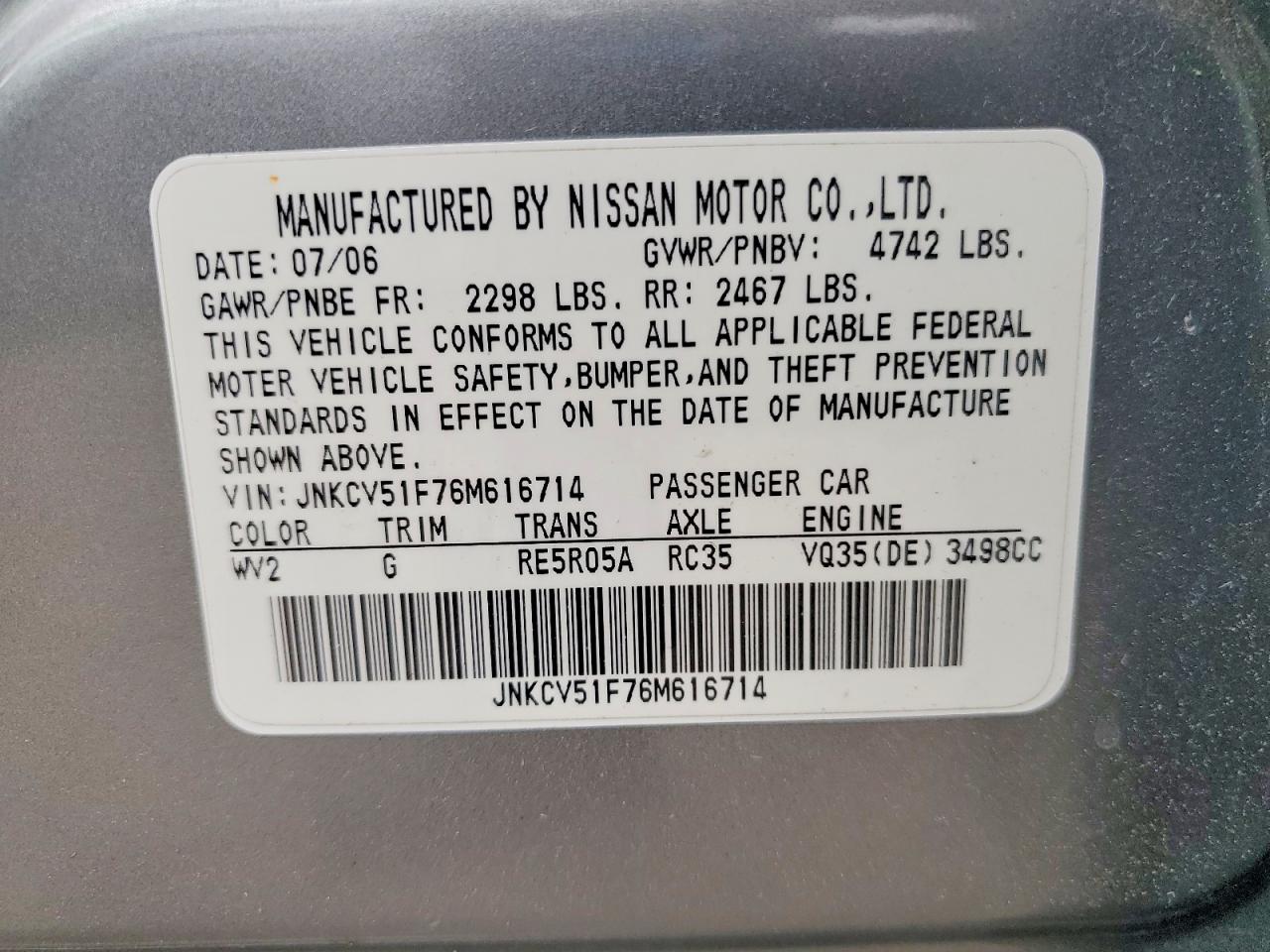 2006 Infiniti G35 X Gray vin: JNKCV51F76M616714