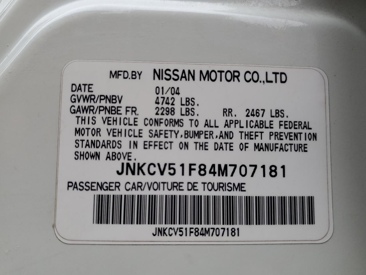 2004 Infiniti G35 White vin: JNKCV51F84M707181