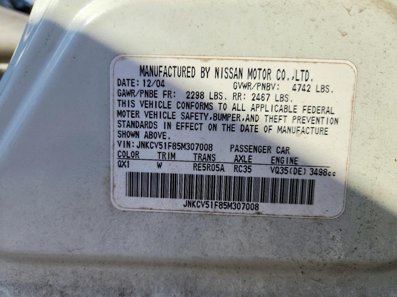 2005 Infiniti G35 X White vin: JNKCV51F85M307008