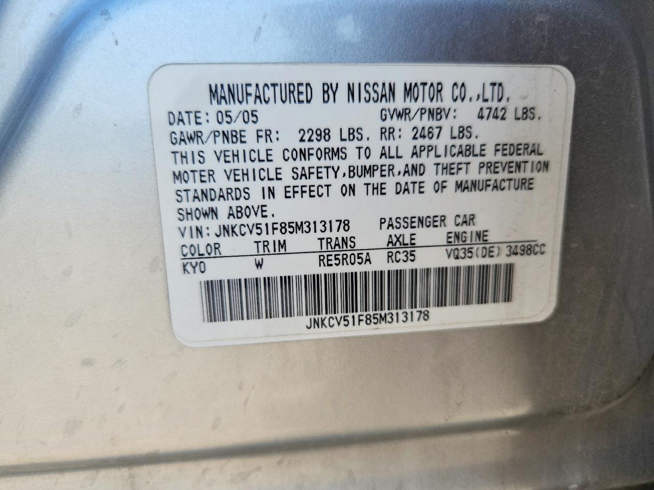 2005 Infiniti G35 X Silver vin: JNKCV51F85M313178