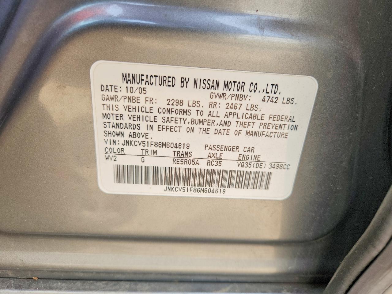 2006 Infiniti G35 X Gray vin: JNKCV51F86M604619
