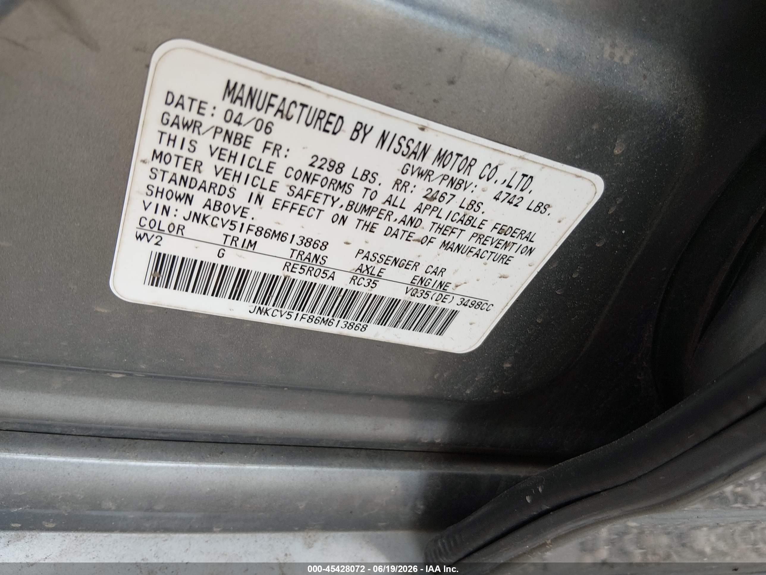 2006 Infiniti G35x   Gray vin: JNKCV51F86M613868