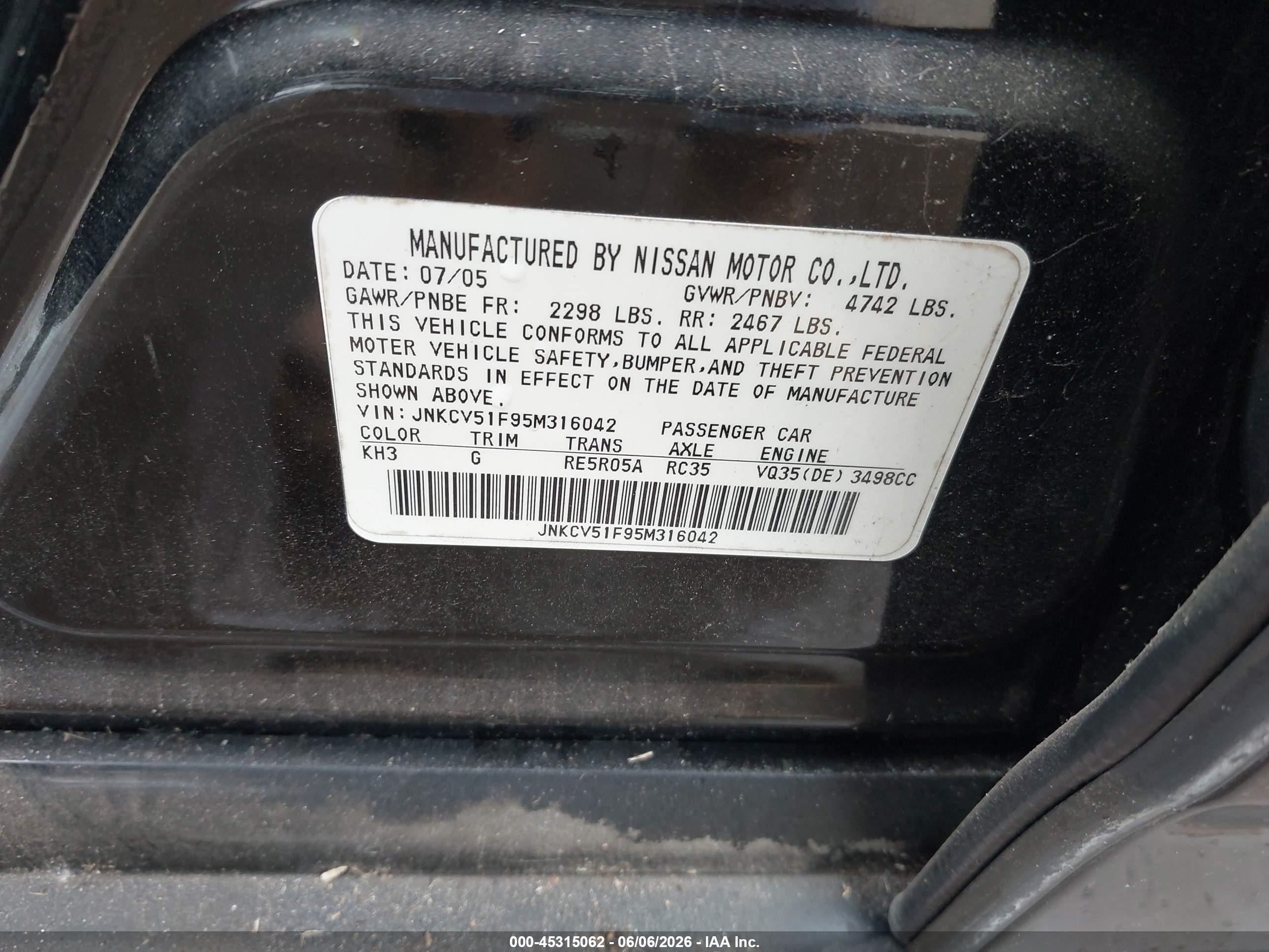 2005 Infiniti G35x   Black vin: JNKCV51F95M316042