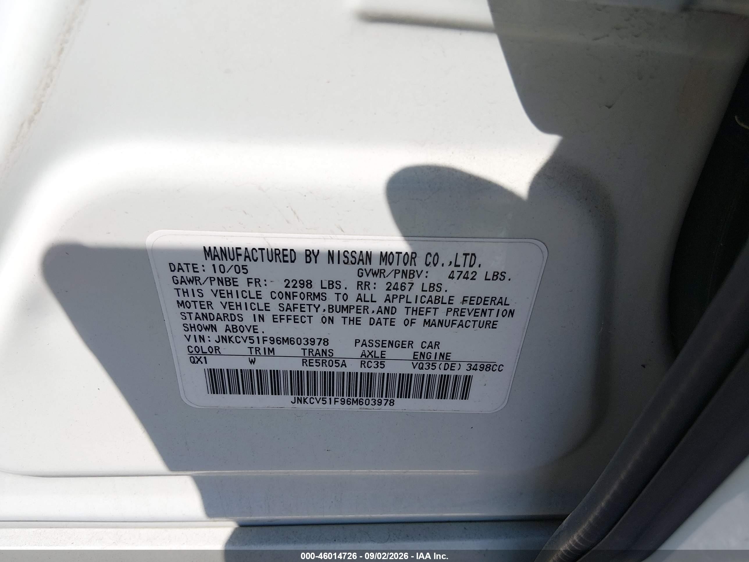 2006 Infiniti G35x   White vin: JNKCV51F96M603978