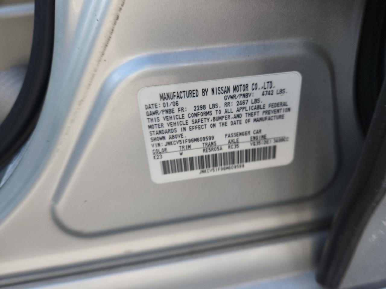2006 Infiniti G35 Silver vin: JNKCV51F96M609599