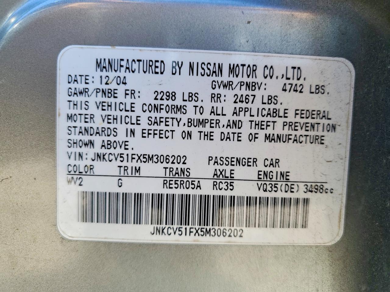 2005 Infiniti G35 X Silver vin: JNKCV51FX5M306202