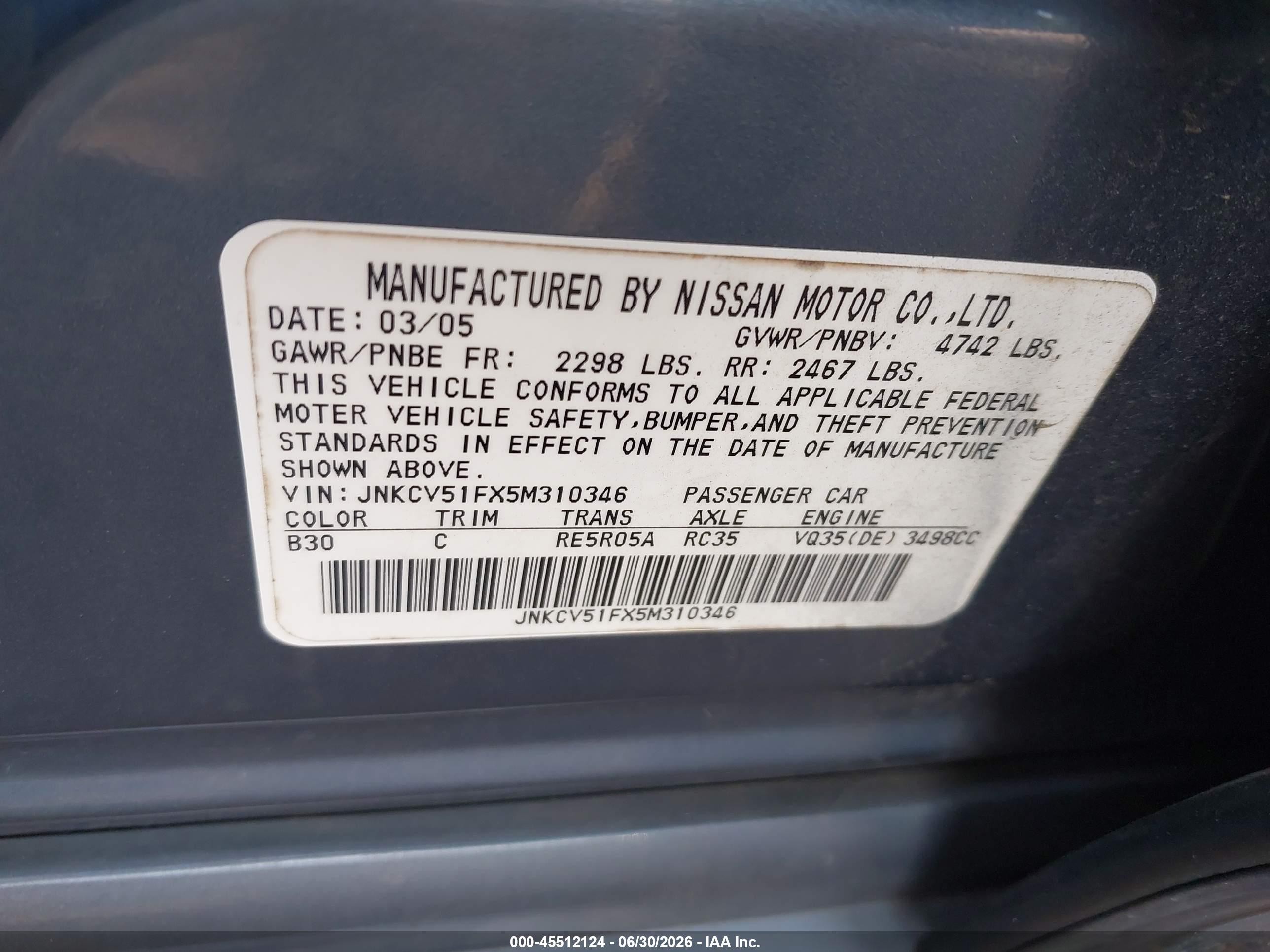2005 Infiniti G35x   Blue vin: JNKCV51FX5M310346