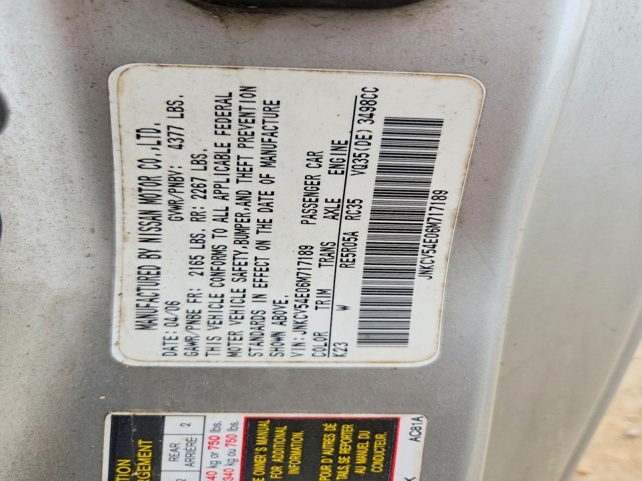 2006 Infiniti G35 Base Silver vin: JNKCV54E06M717189