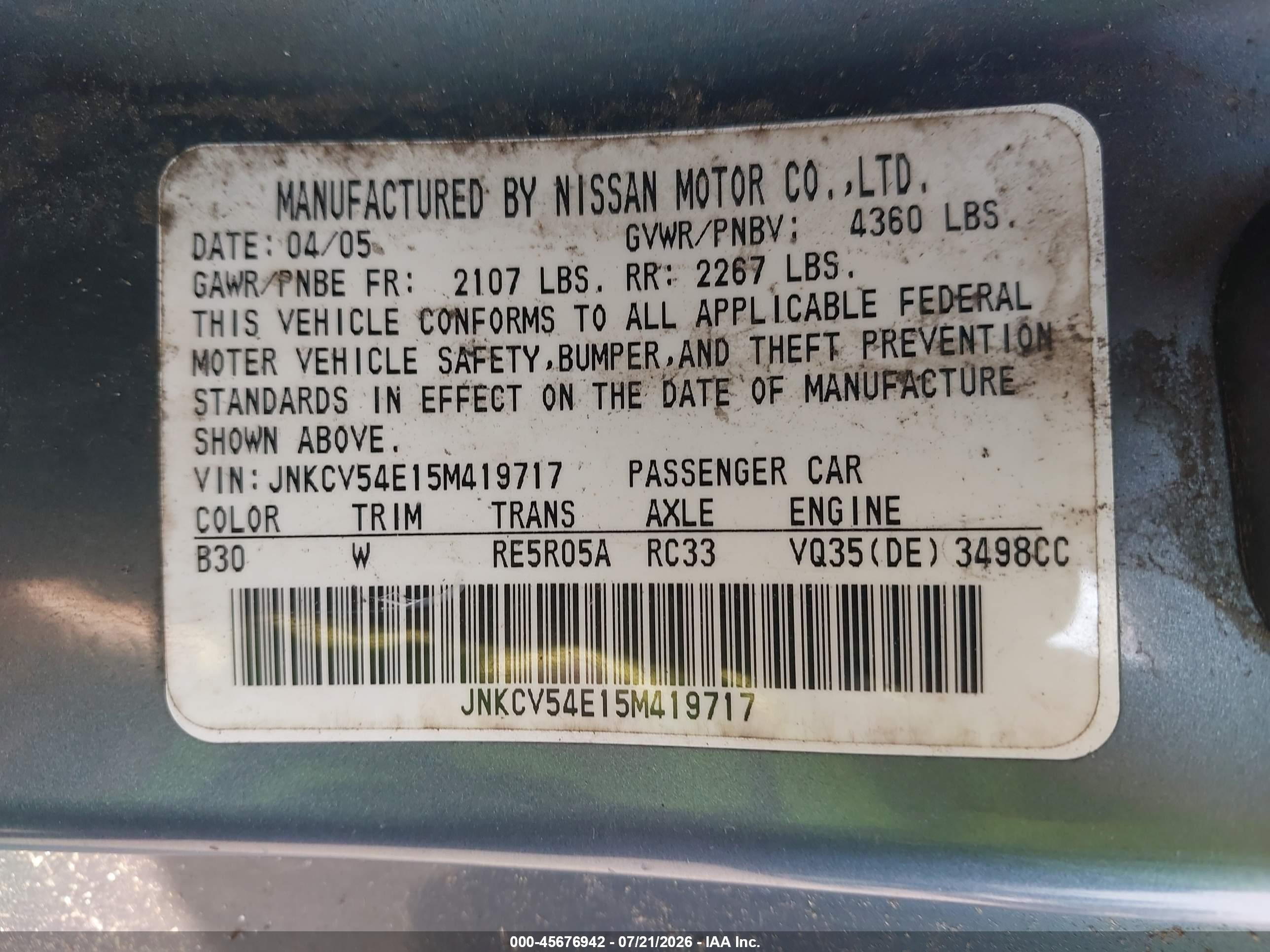 2005 Infiniti G35   Light Blue vin: JNKCV54E15M419717