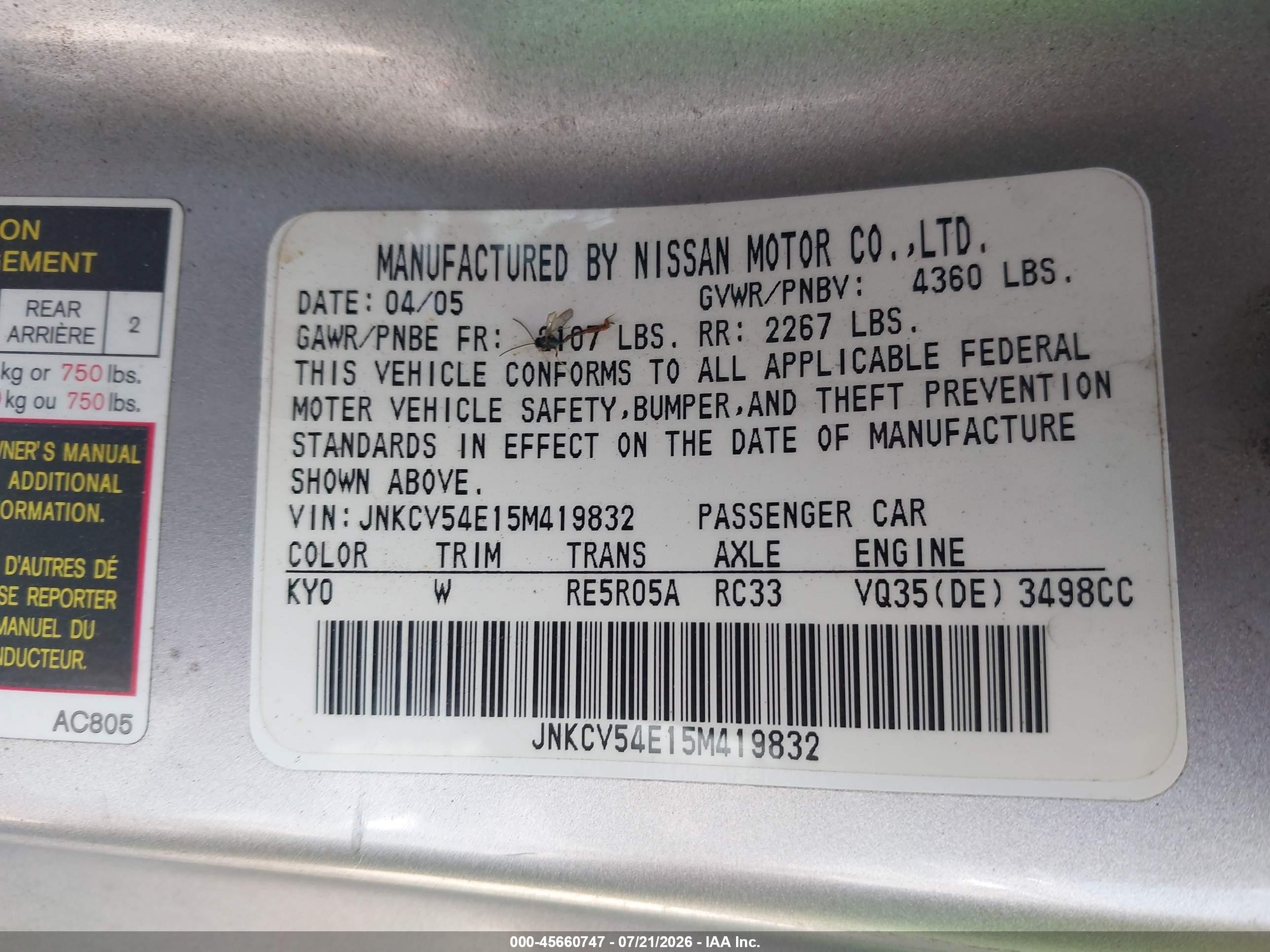 2005 Infiniti G35   Silver vin: JNKCV54E15M419832