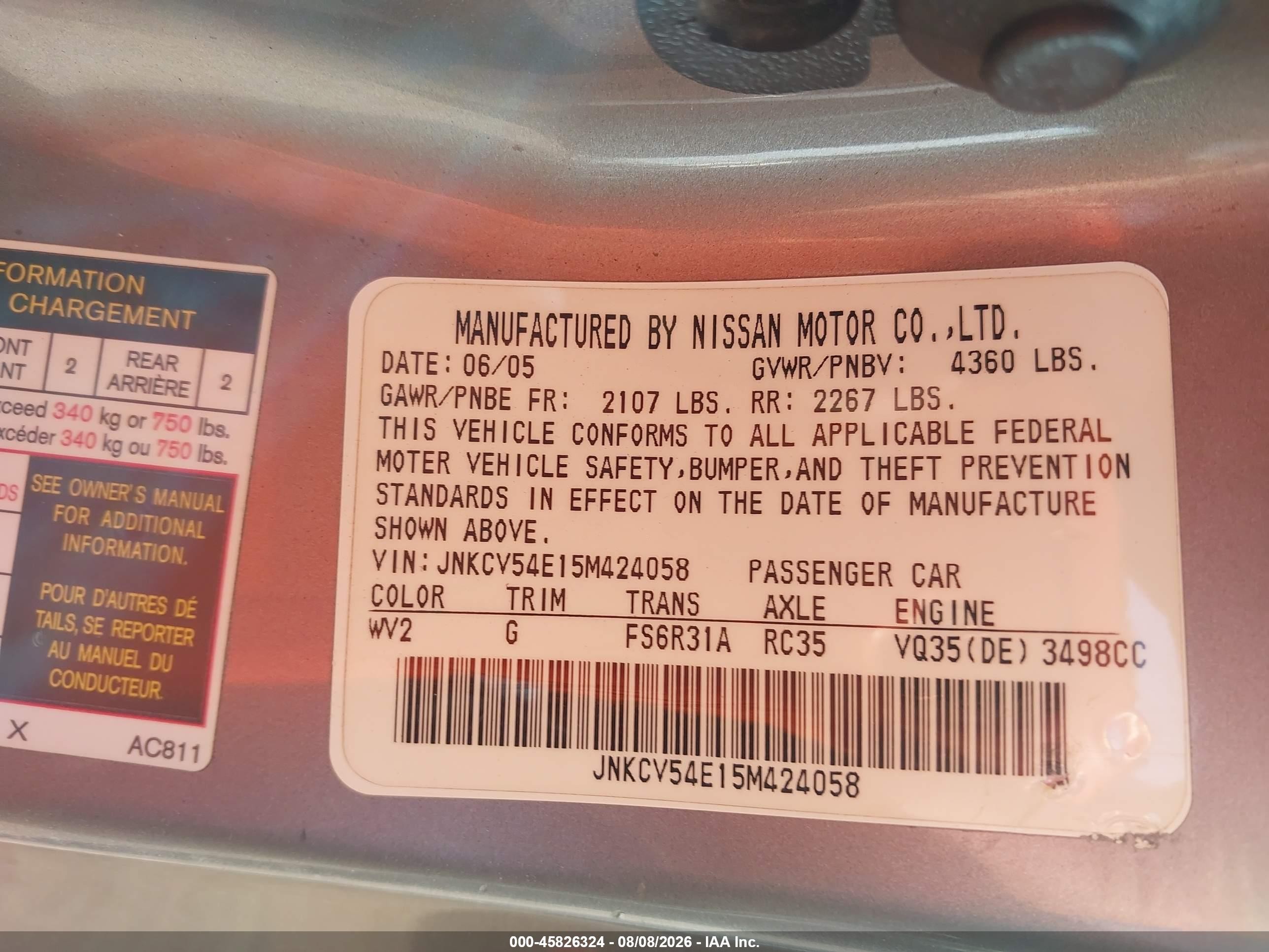 2005 Infiniti G35   Gray vin: JNKCV54E15M424058