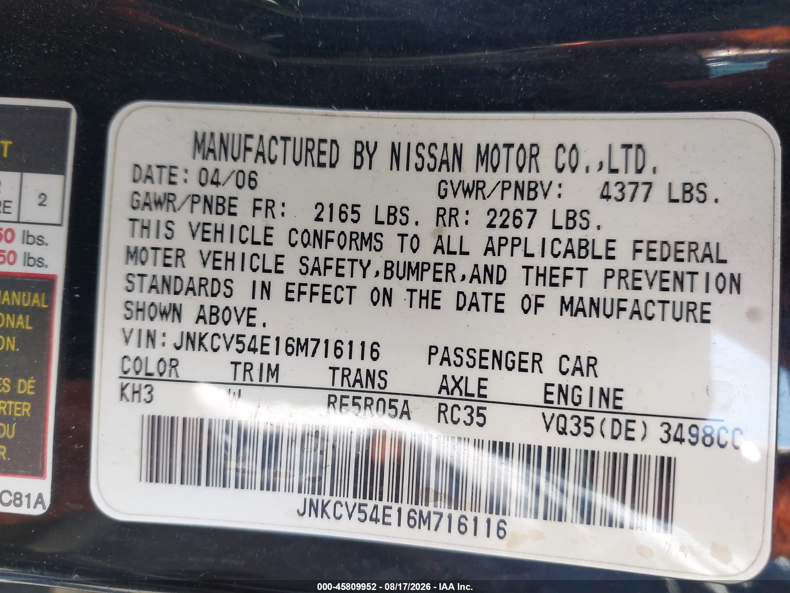 2006 Infiniti G35   Black vin: JNKCV54E16M716116