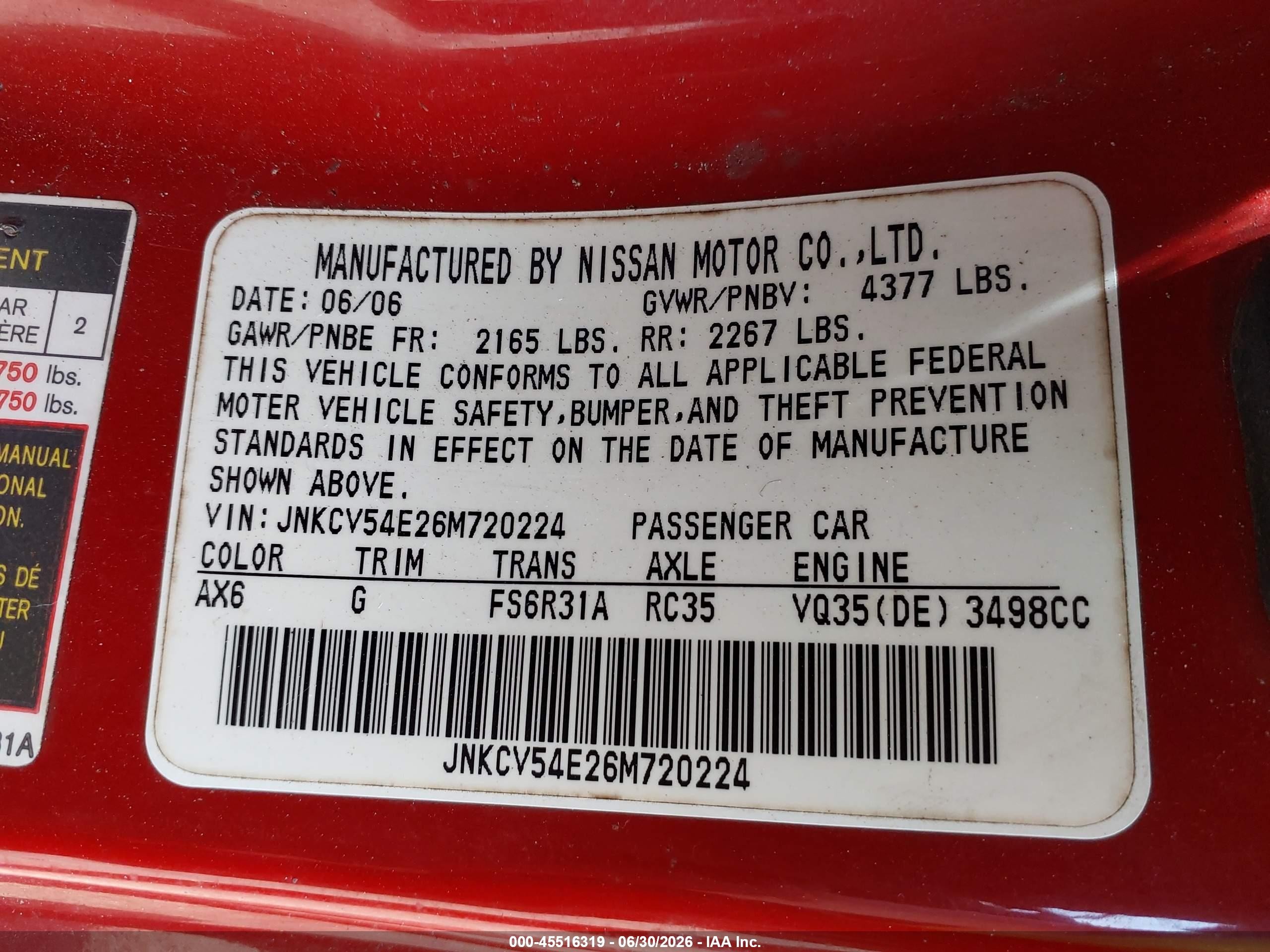 2006 Infiniti G35   Red vin: JNKCV54E26M720224
