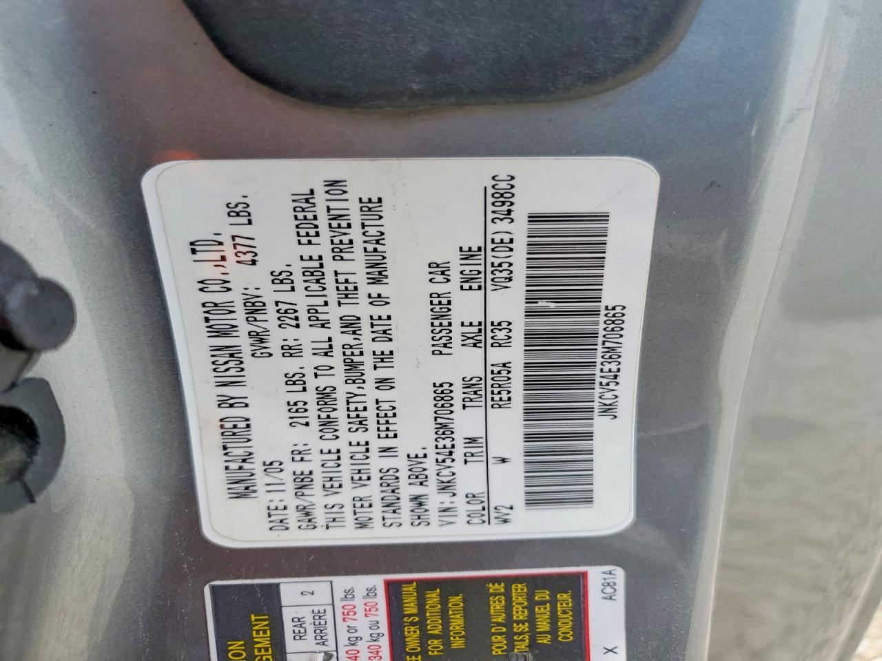 2006 Infiniti G35 Base Gray vin: JNKCV54E36M706865