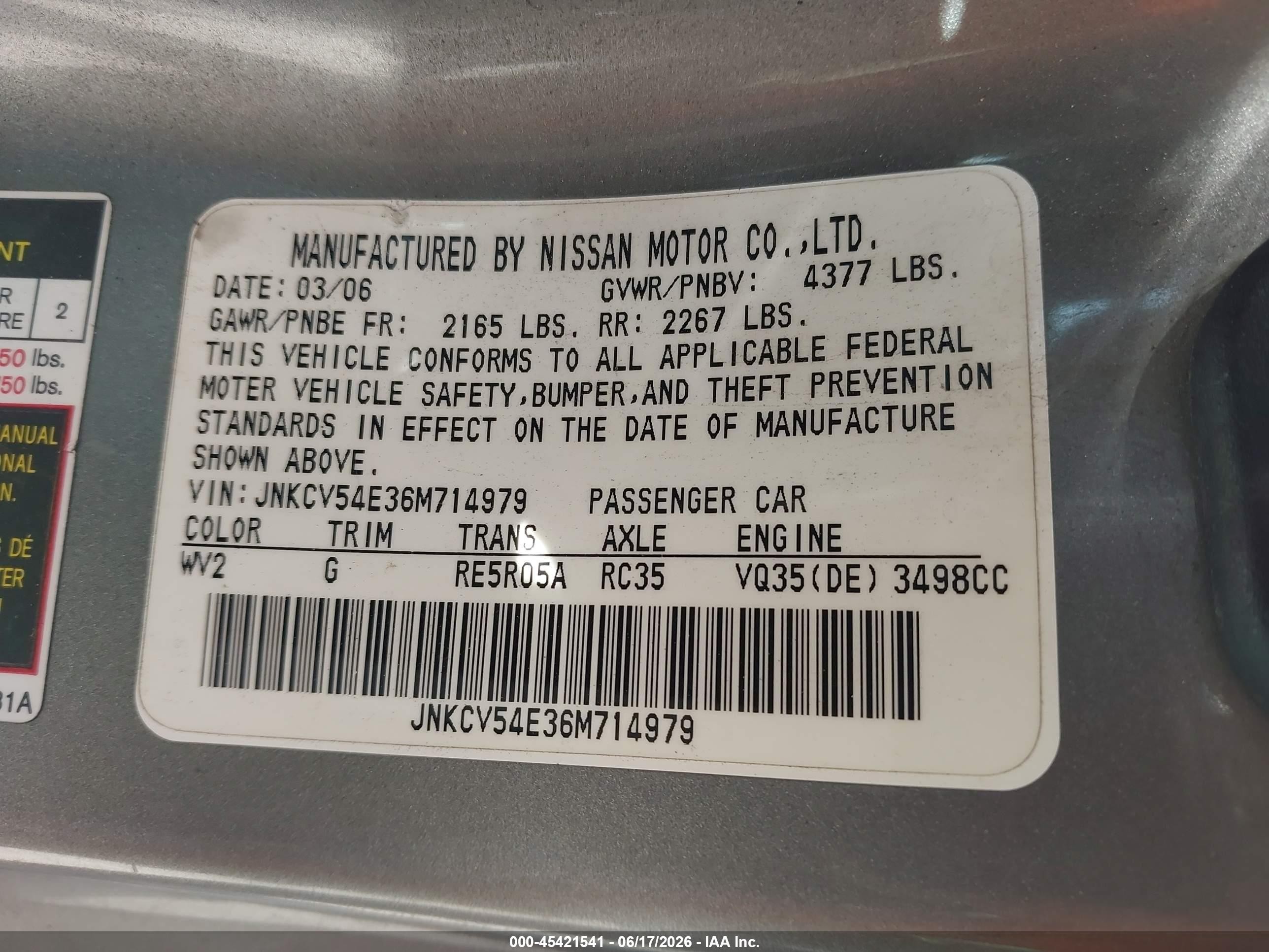 2006 Infiniti G35   Silver vin: JNKCV54E36M714979