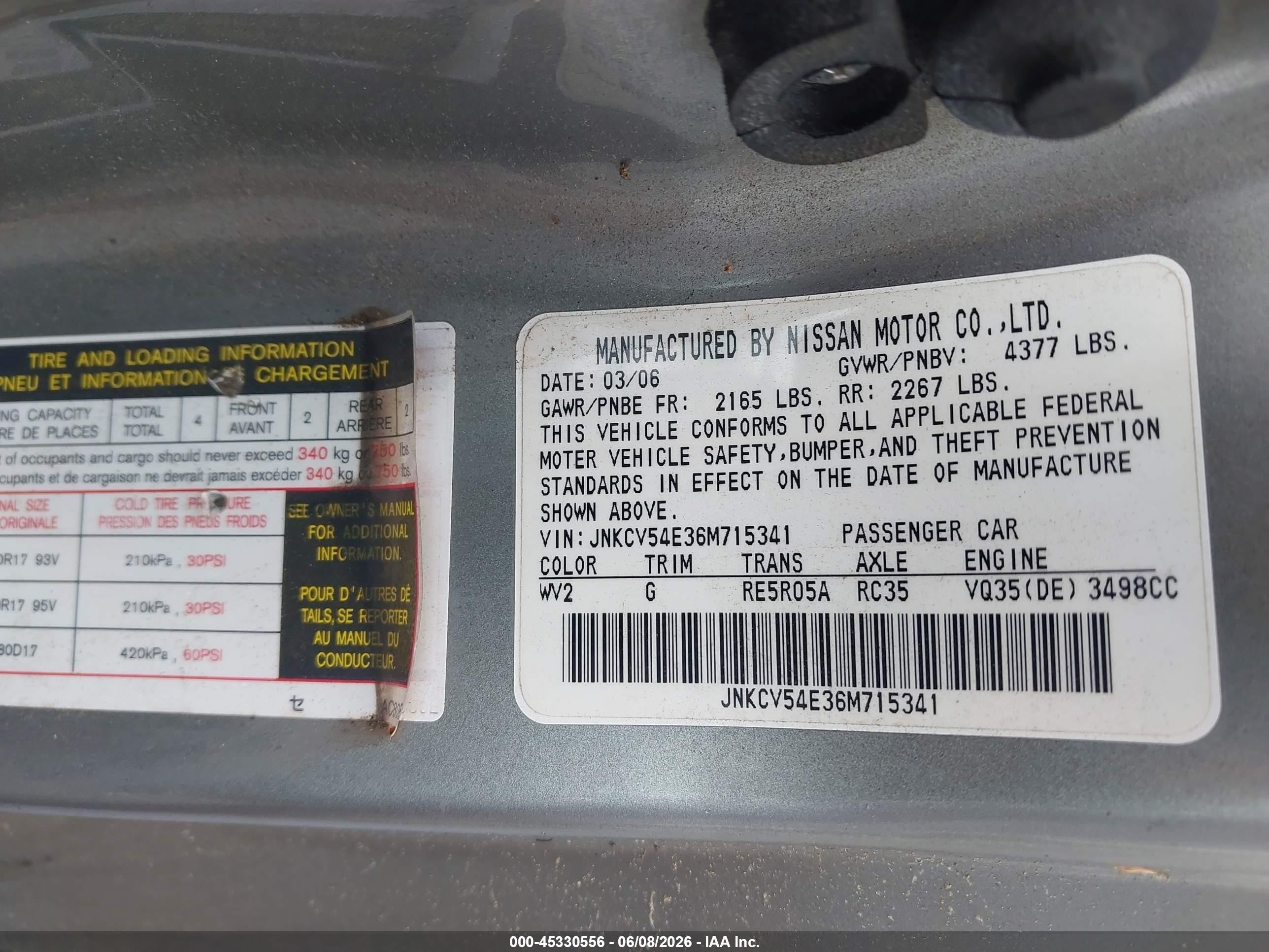 2006 Infiniti G35   Gray vin: JNKCV54E36M715341
