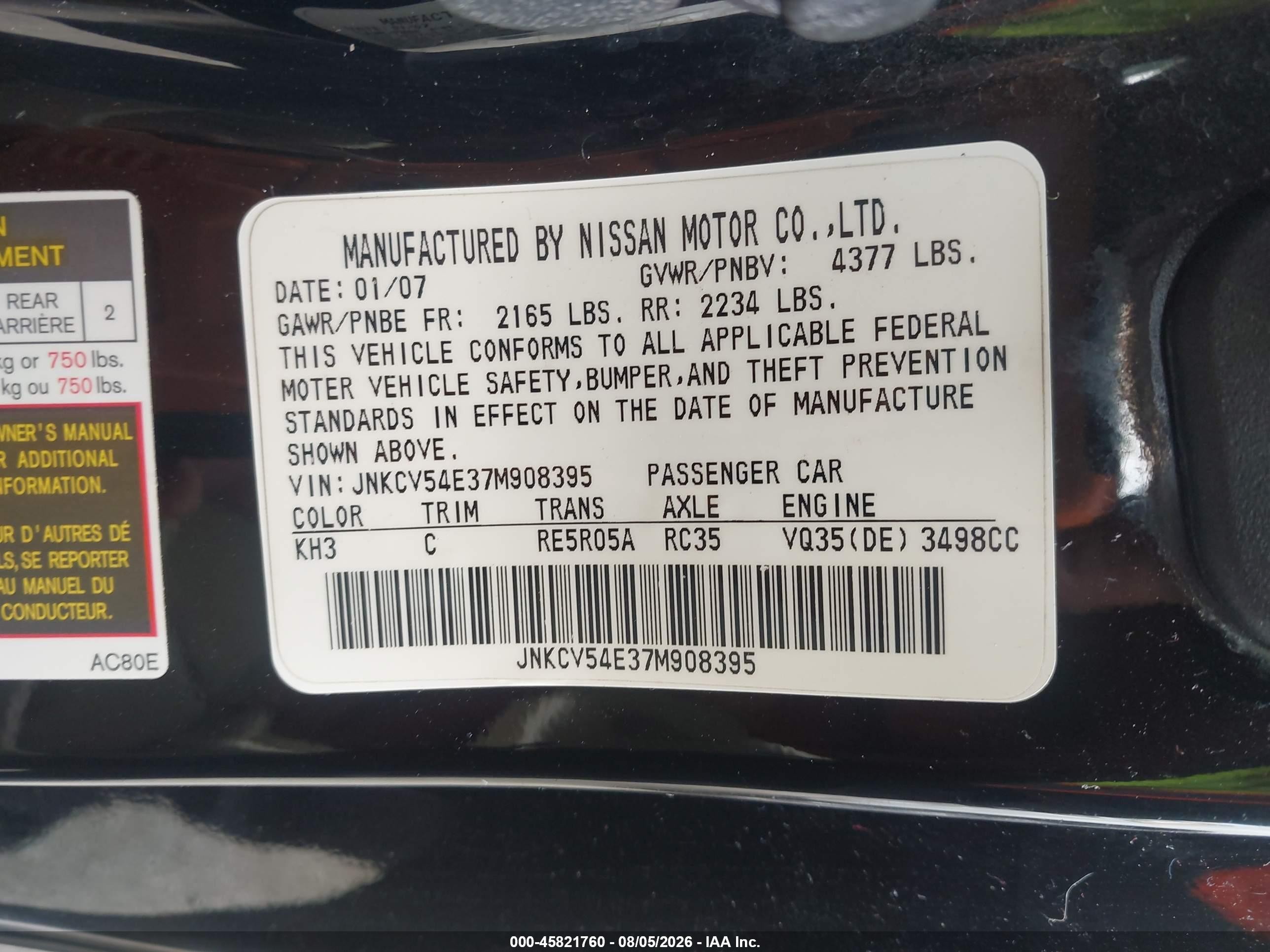 2007 Infiniti G35   Black vin: JNKCV54E37M908395