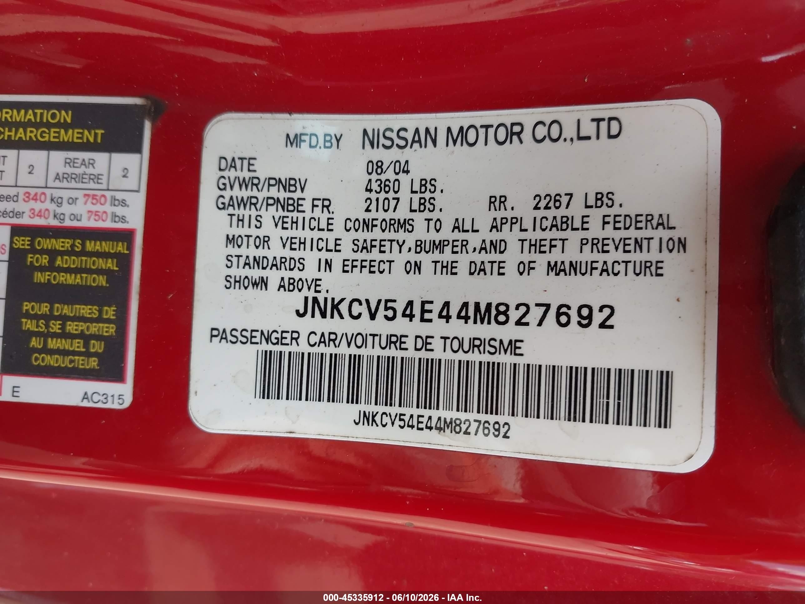2004 Infiniti G35   Red vin: JNKCV54E44M827692