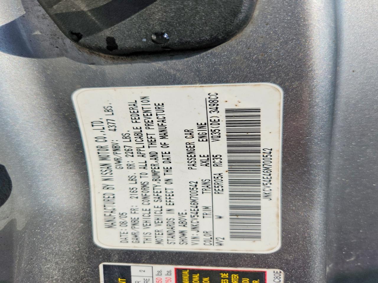 2006 Infiniti G35 Base Silver vin: JNKCV54E46M700542