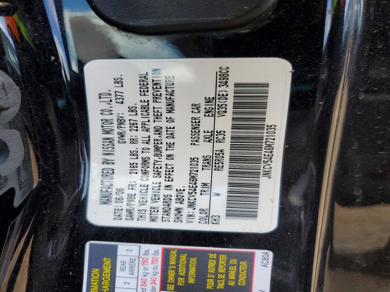 2006 Infiniti G35 Base Black vin: JNKCV54E46M721035