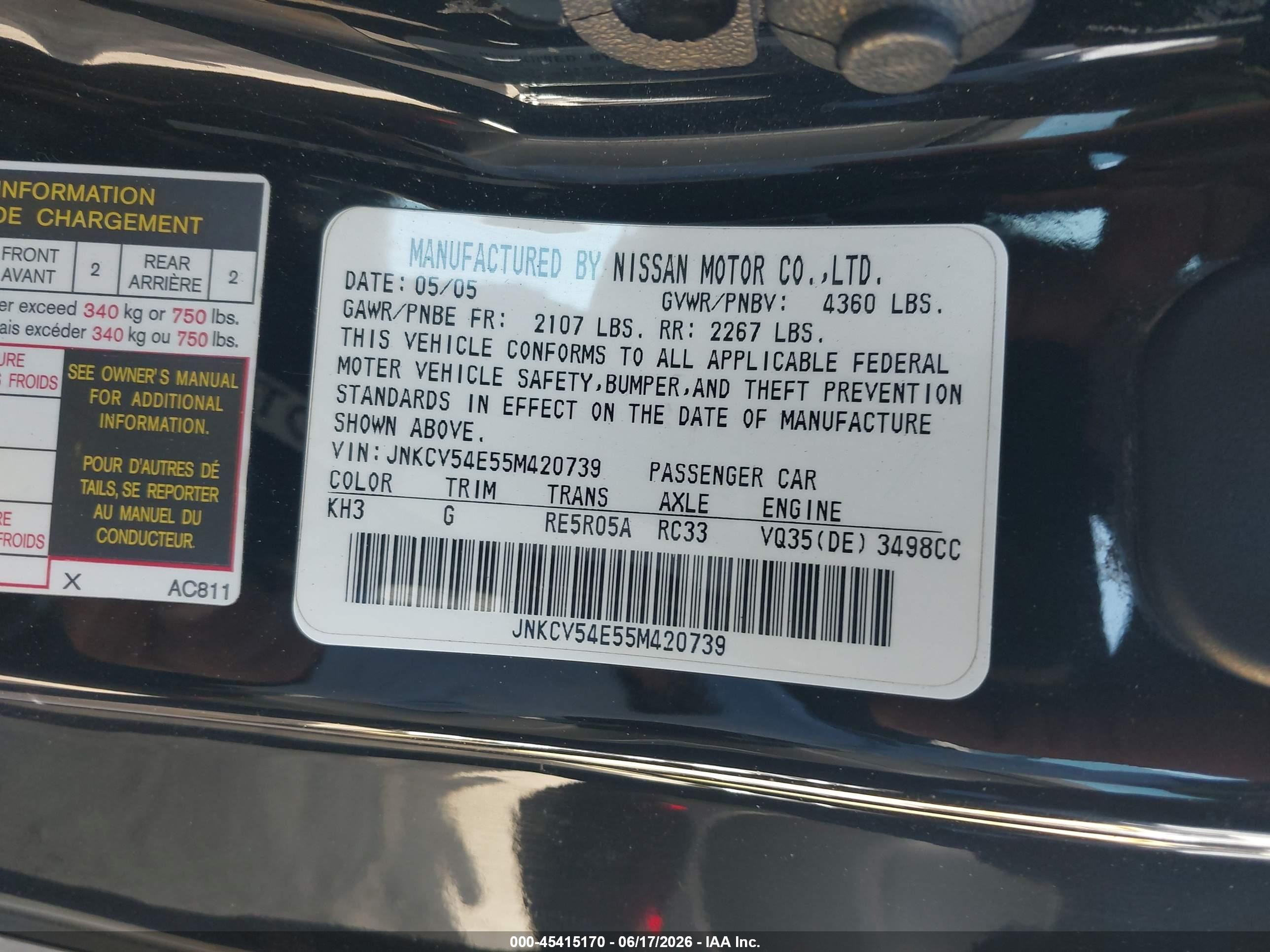 2005 Infiniti G35   Black vin: JNKCV54E55M420739