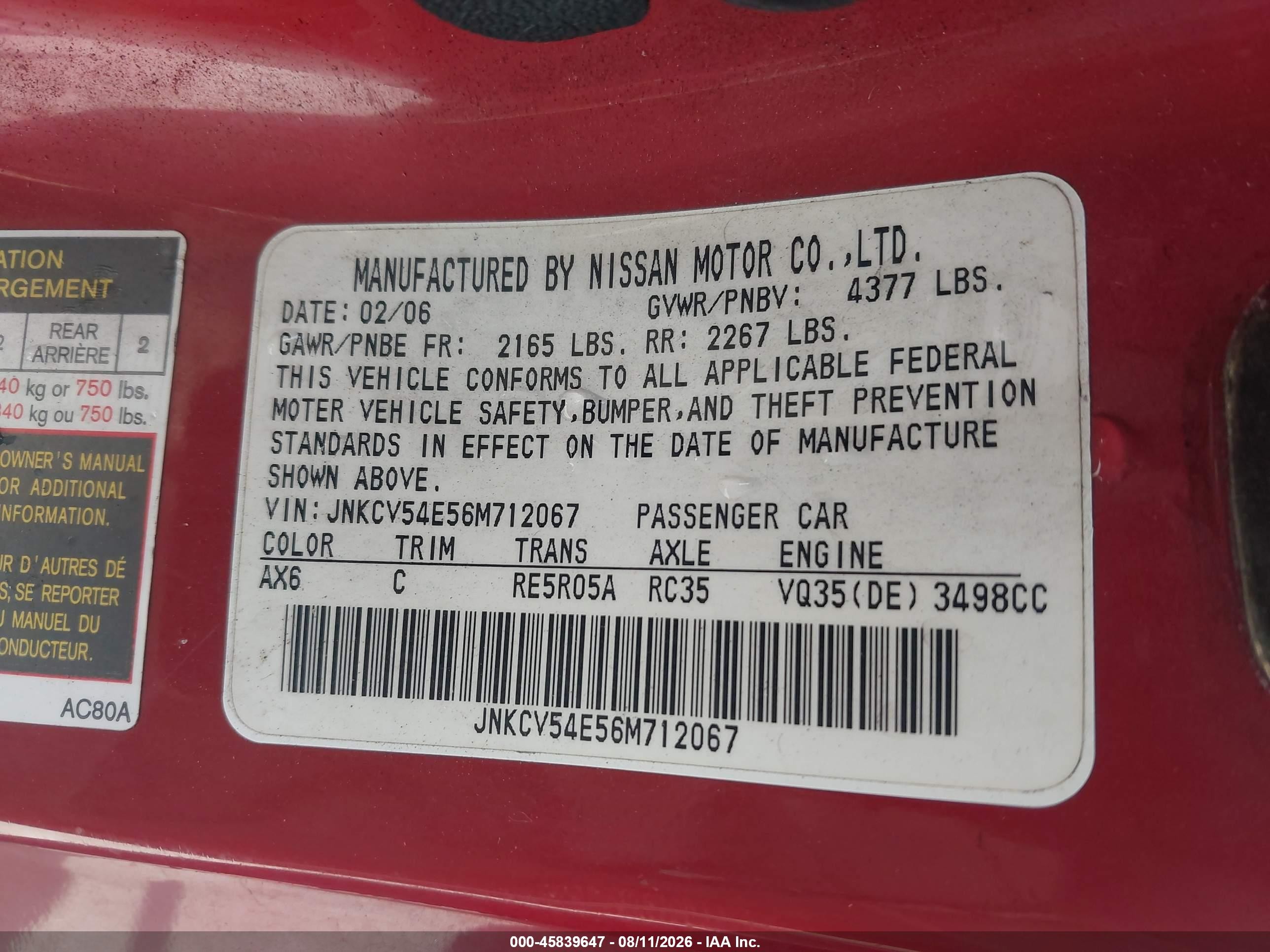 2006 Infiniti G35 Red vin: JNKCV54E56M712067