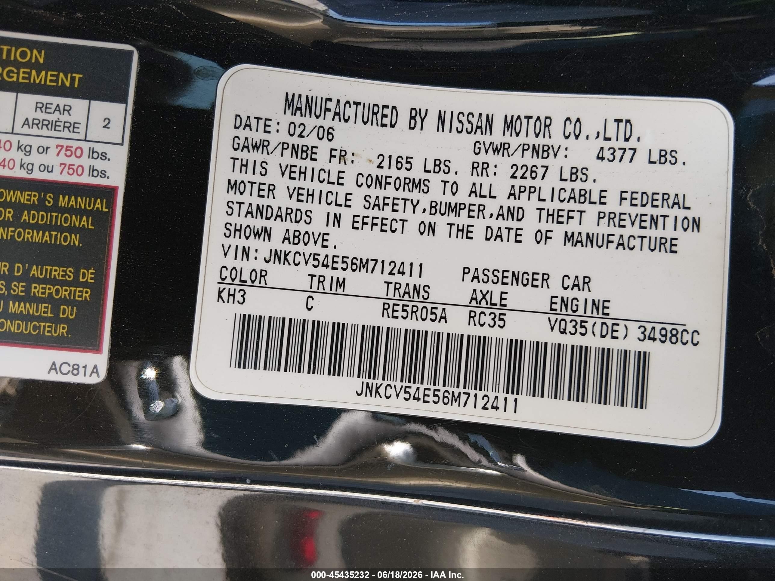 2006 Infiniti G35   Black vin: JNKCV54E56M712411