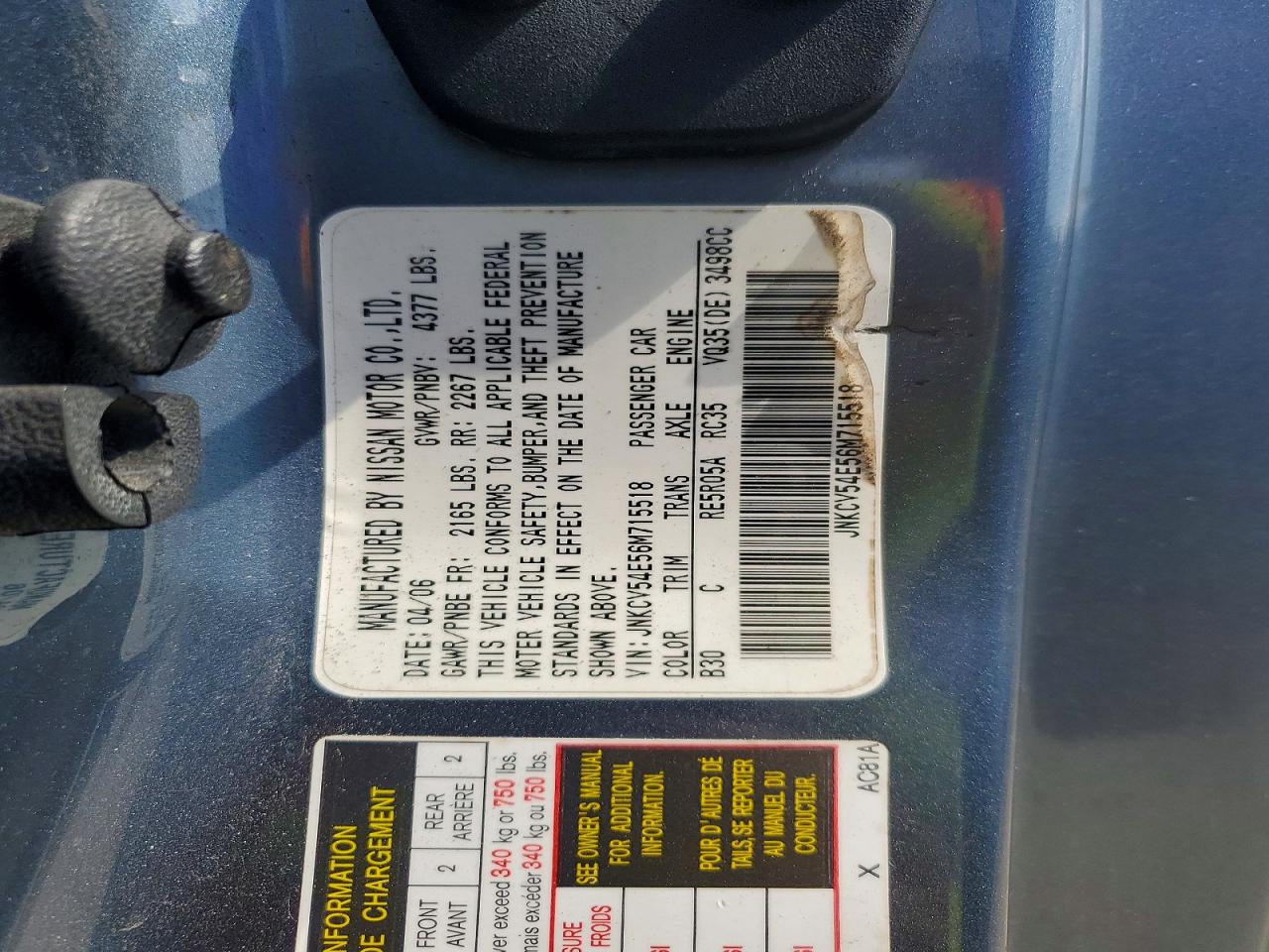 2006 Infiniti G35 Base Blue vin: JNKCV54E56M715518