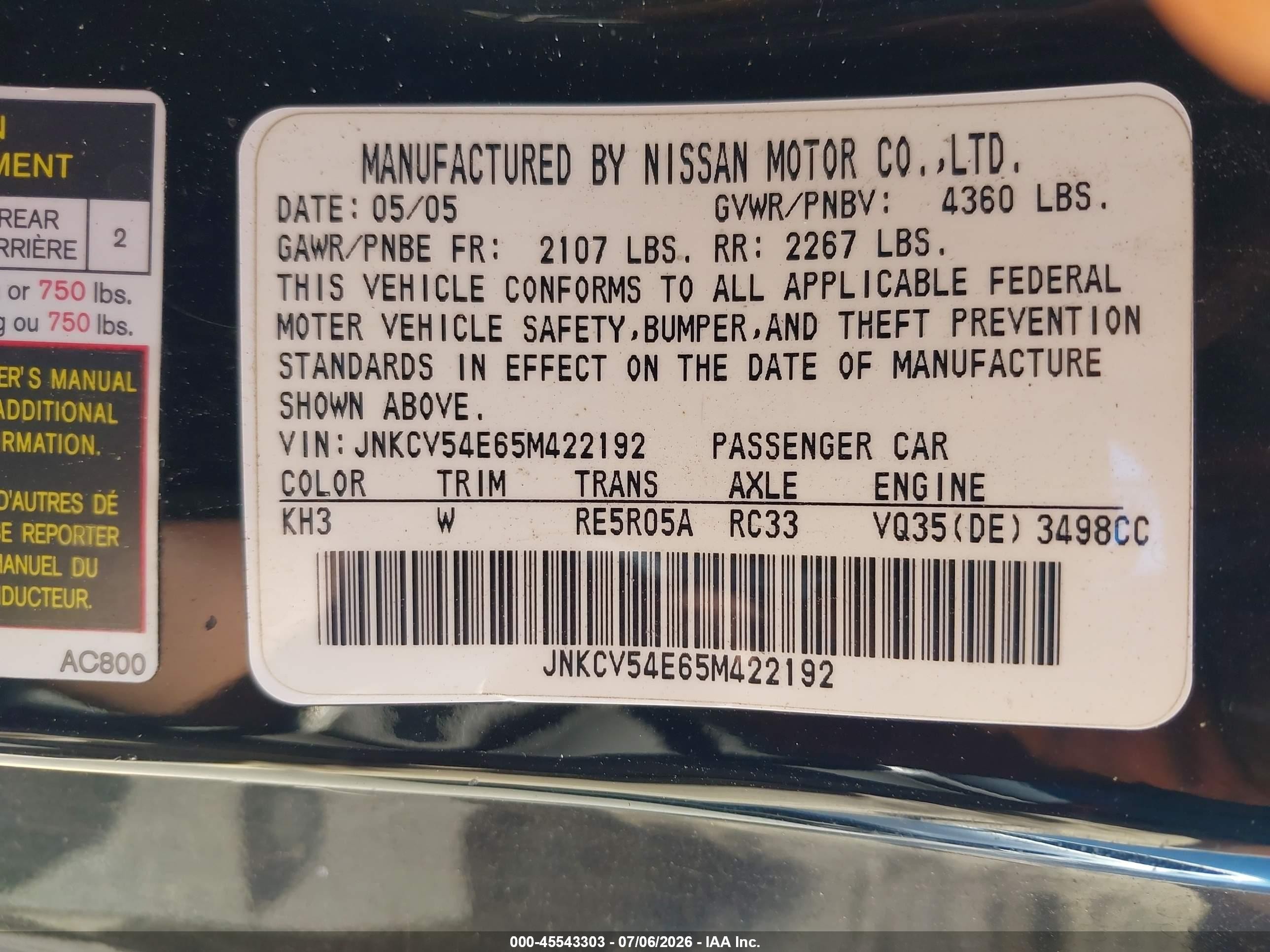 2005 Infiniti G35   Black vin: JNKCV54E65M422192