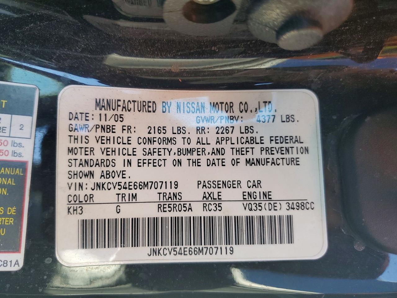2006 Infiniti G35 Base Black vin: JNKCV54E66M707119