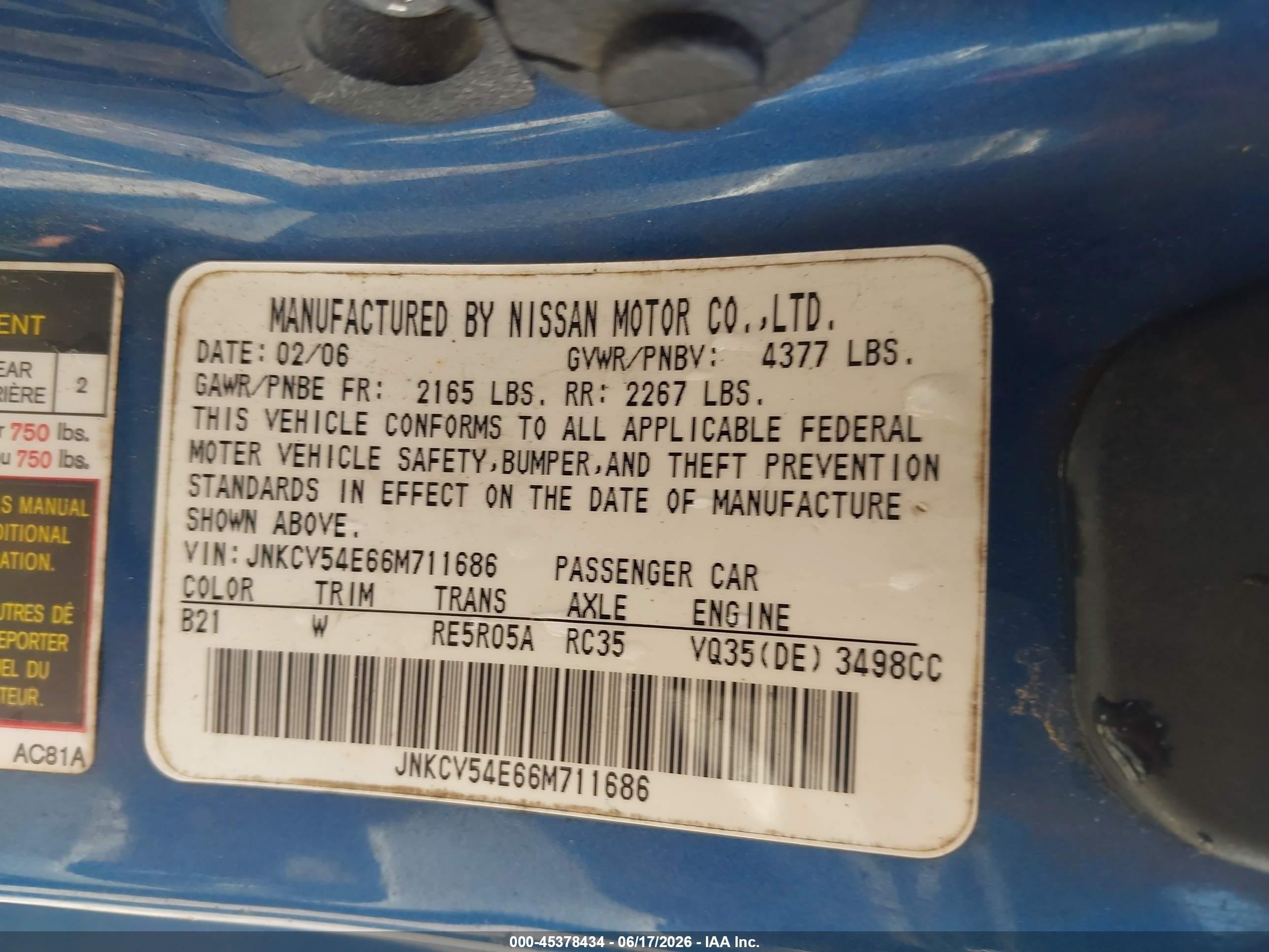 2006 Infiniti G35   Blue vin: JNKCV54E66M711686