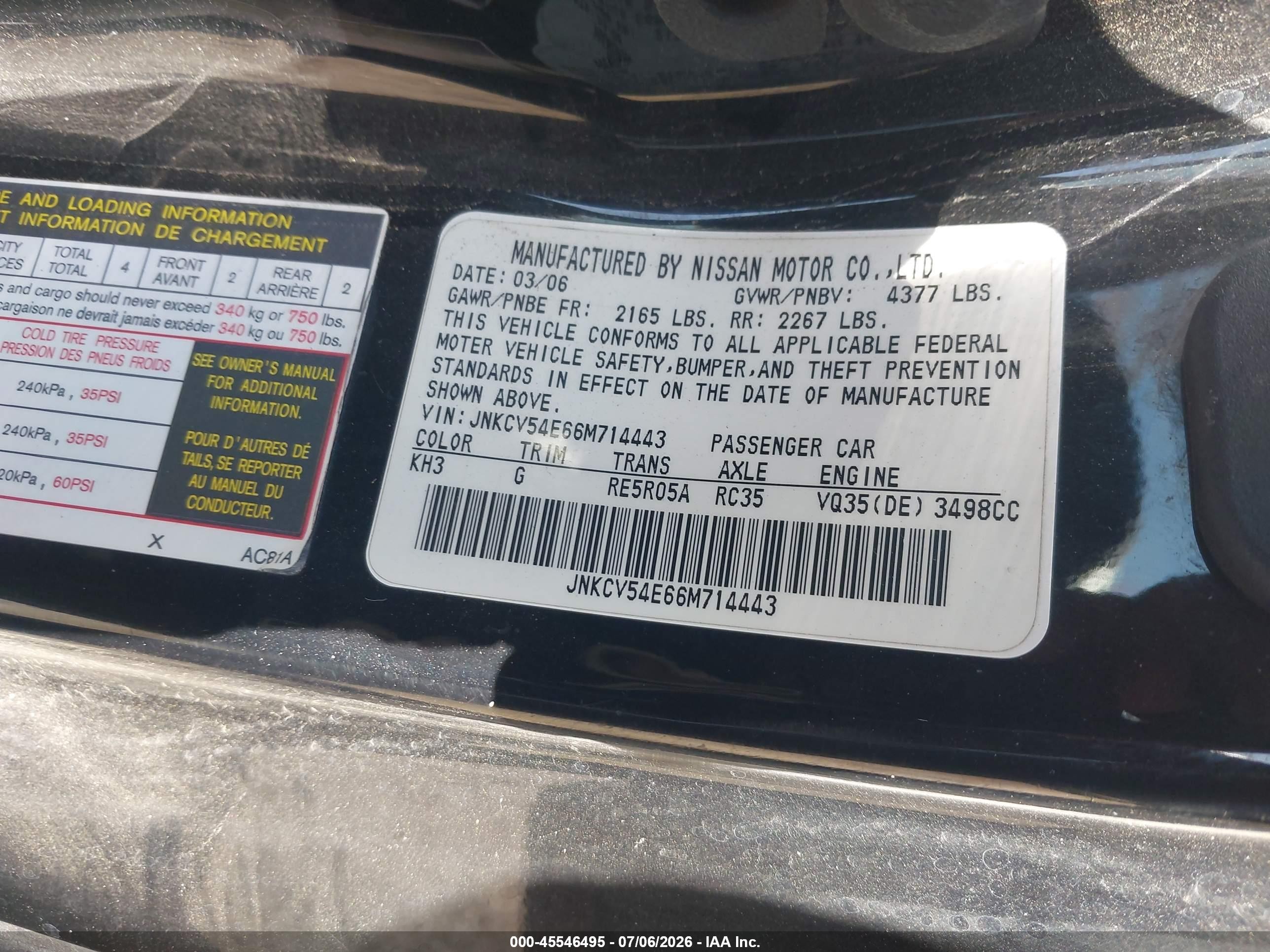 2006 Infiniti G35   Black vin: JNKCV54E66M714443