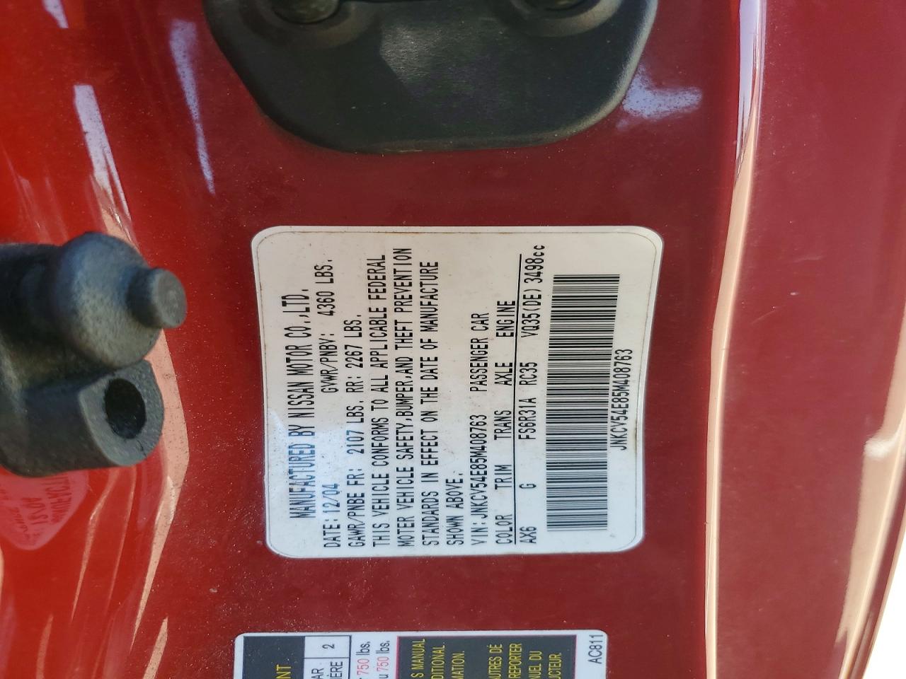 2005 Infiniti G35 Base Red vin: JNKCV54E85M408763
