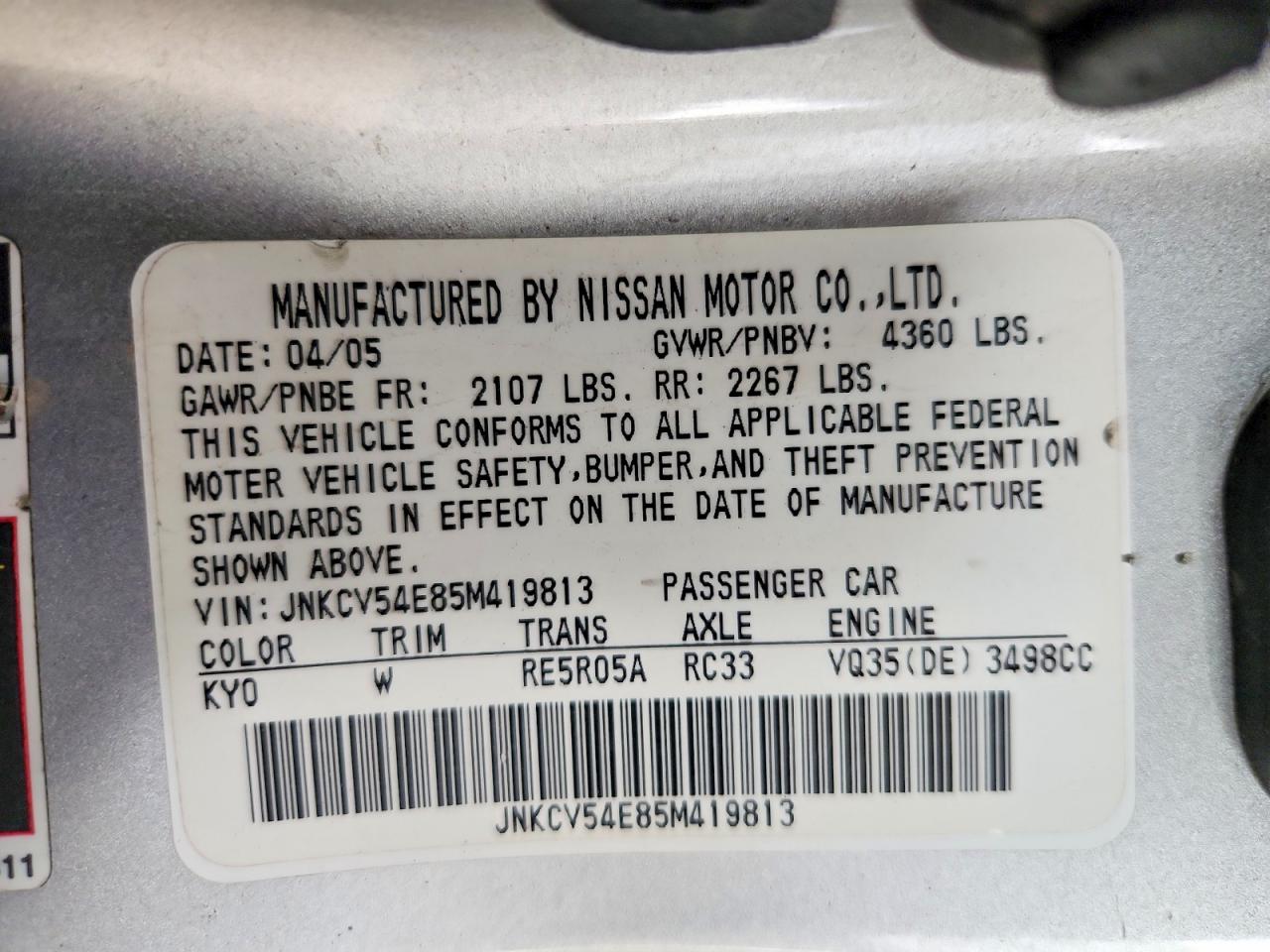 2005 Infiniti G35 Base Silver vin: JNKCV54E85M419813