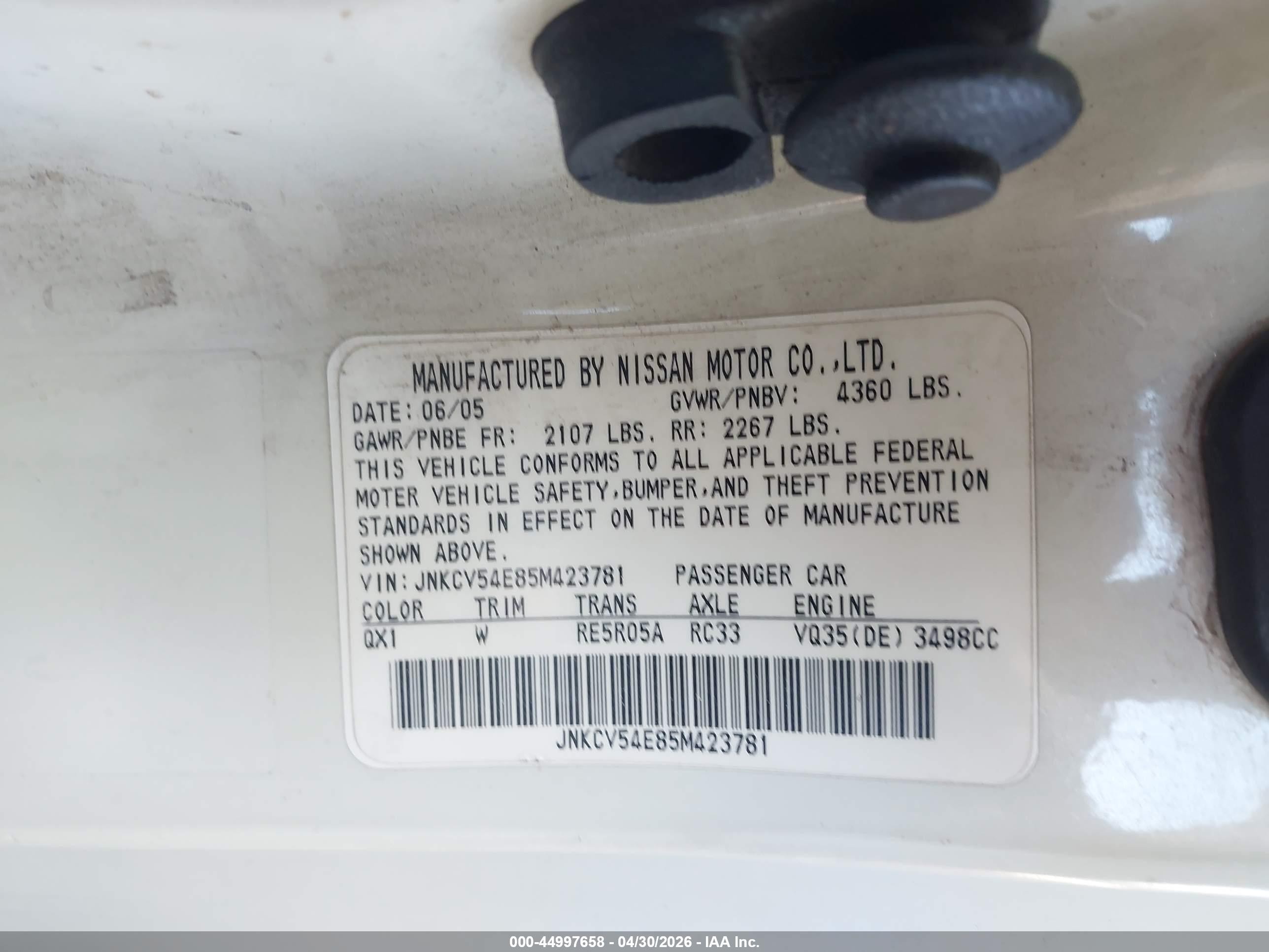 2005 Infiniti G35   Белый vin: JNKCV54E85M423781