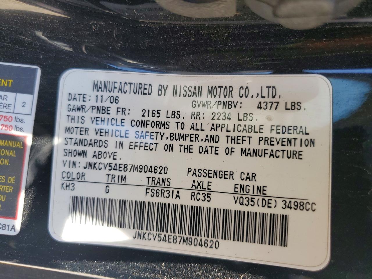 2007 Infiniti G35 Base Black vin: JNKCV54E87M904620