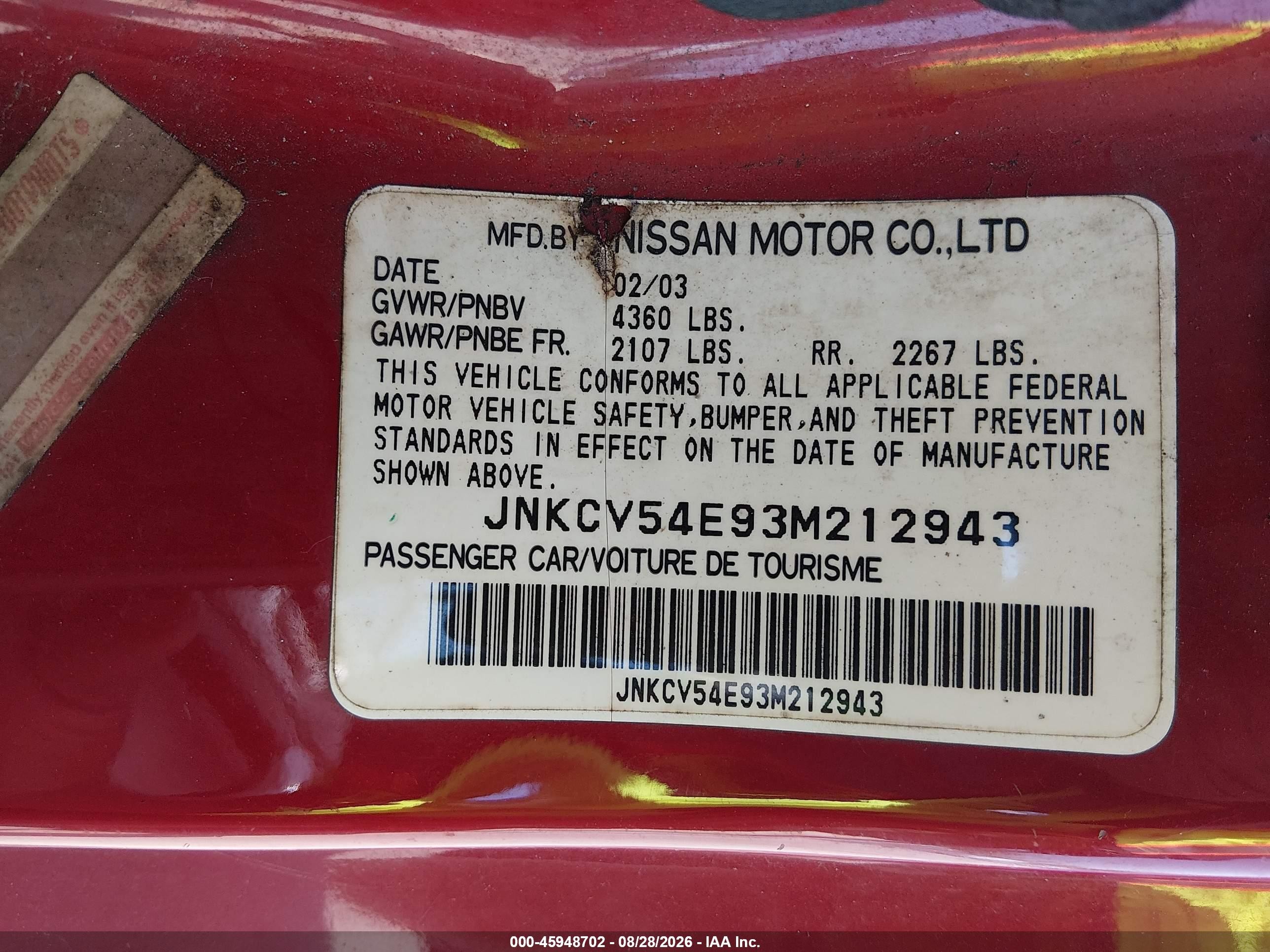 2003 Infiniti G35 Base W/leather Red vin: JNKCV54E93M212943