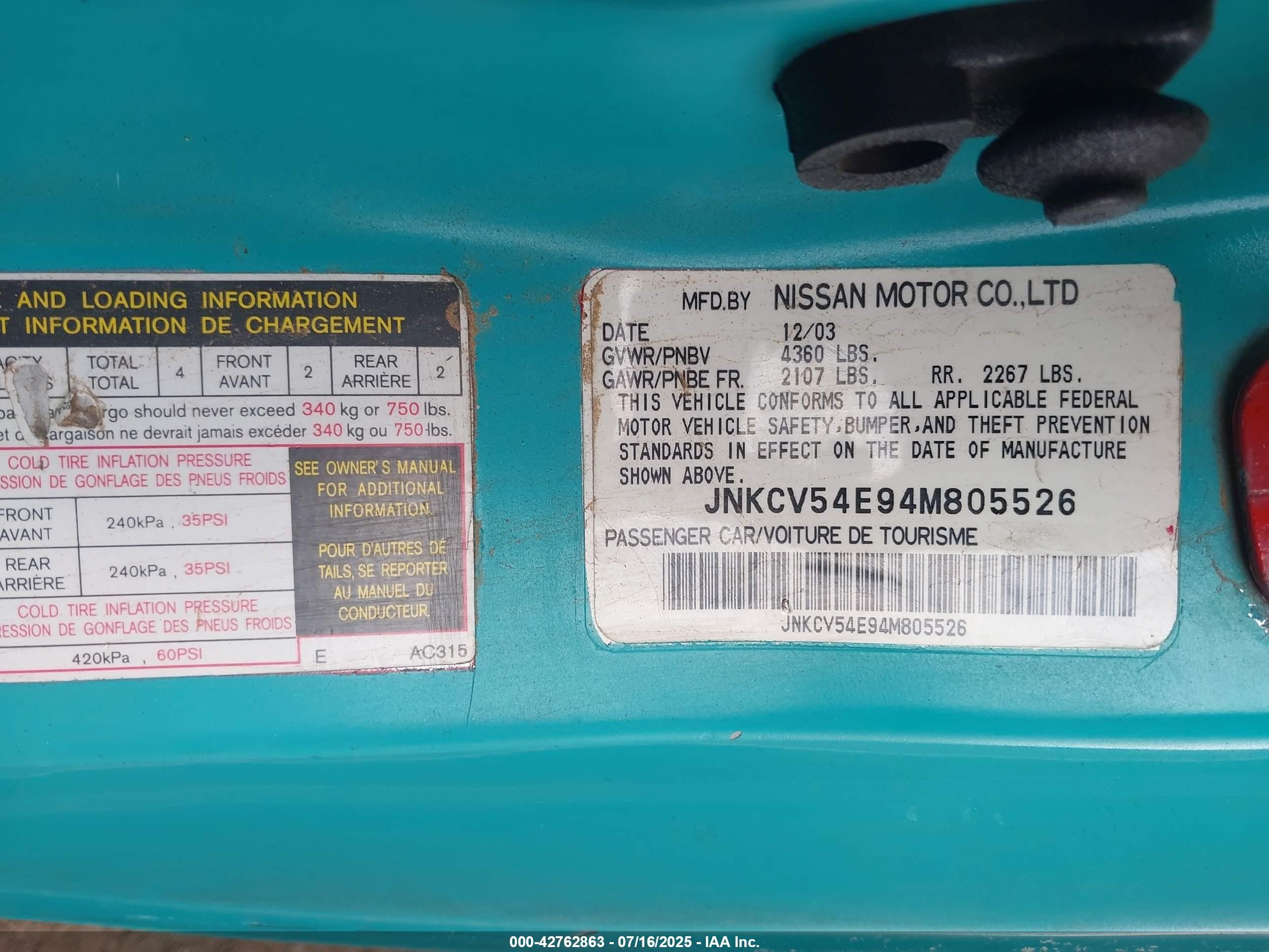 2004 Infiniti G35   Teal vin: JNKCV54E94M805526