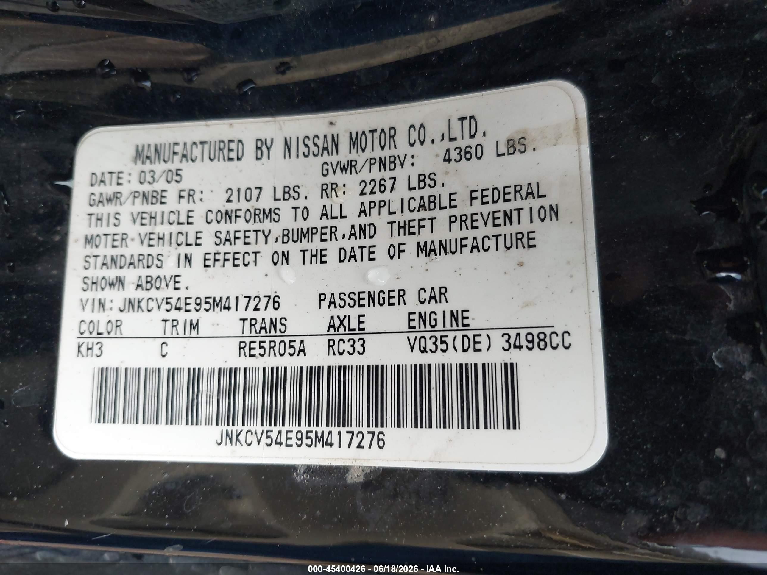 2005 Infiniti G35   Black vin: JNKCV54E95M417276