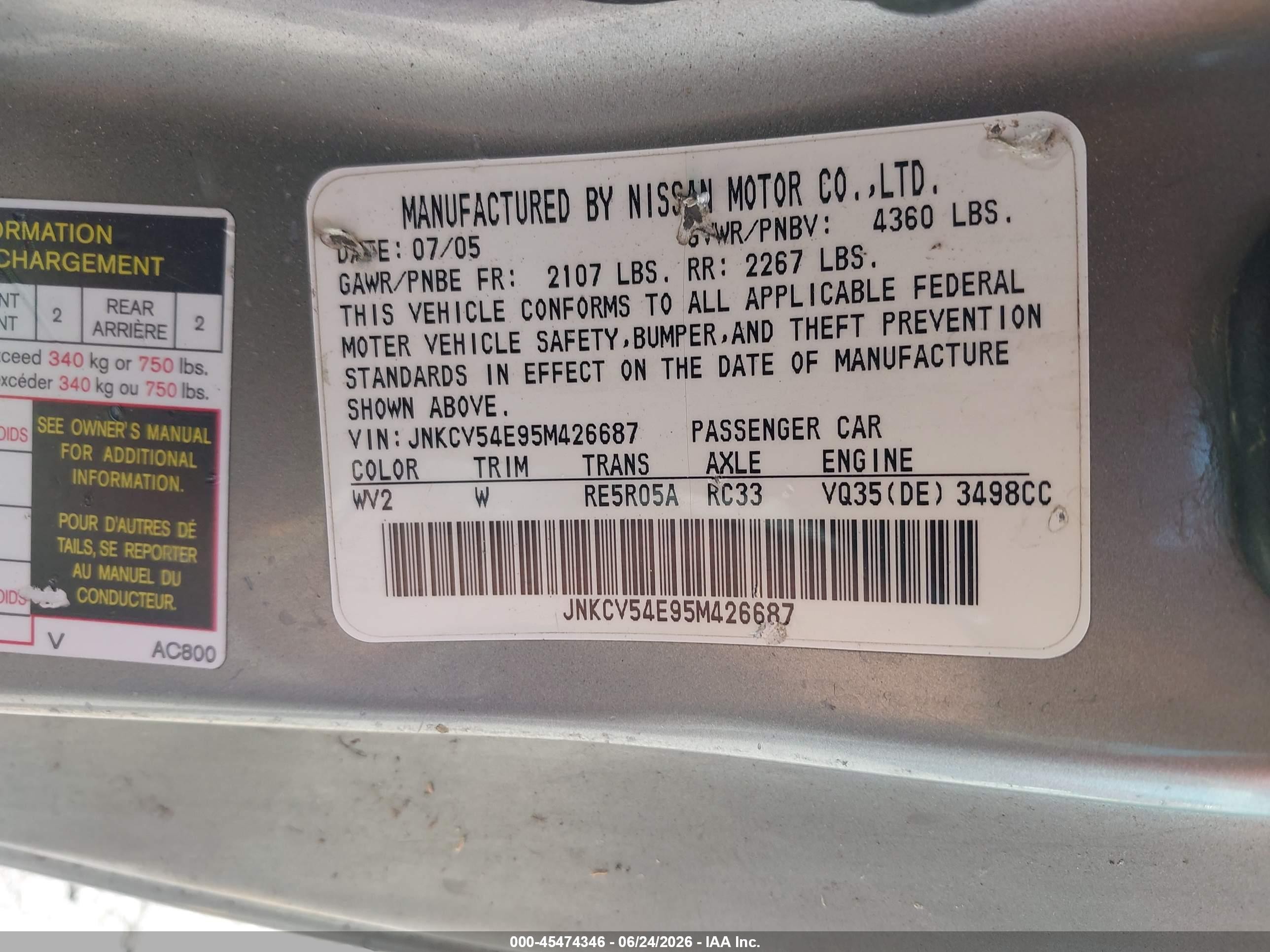 2005 Infiniti G35   Champagne vin: JNKCV54E95M426687