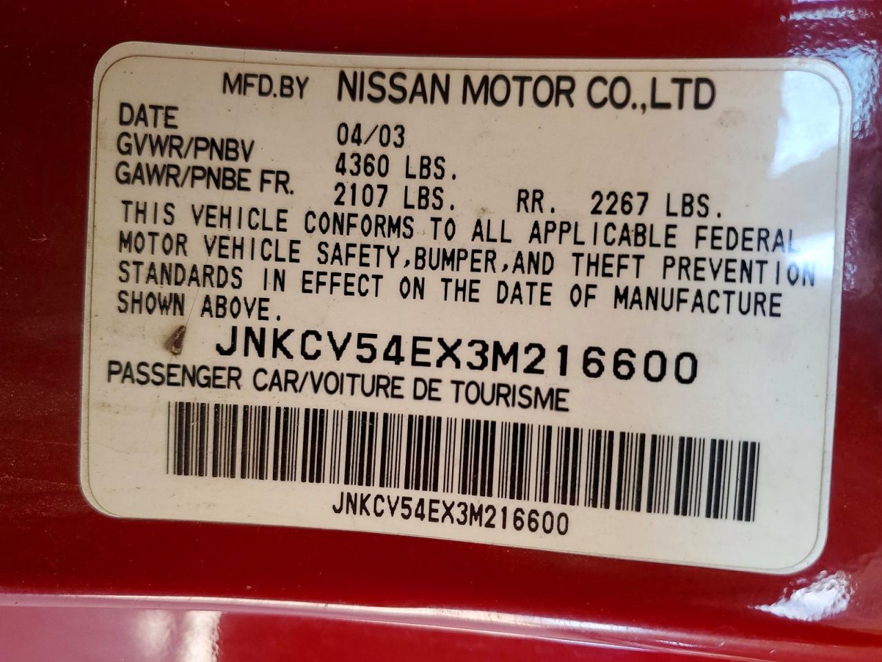 2003 Infiniti G35 Base Red vin: JNKCV54EX3M216600