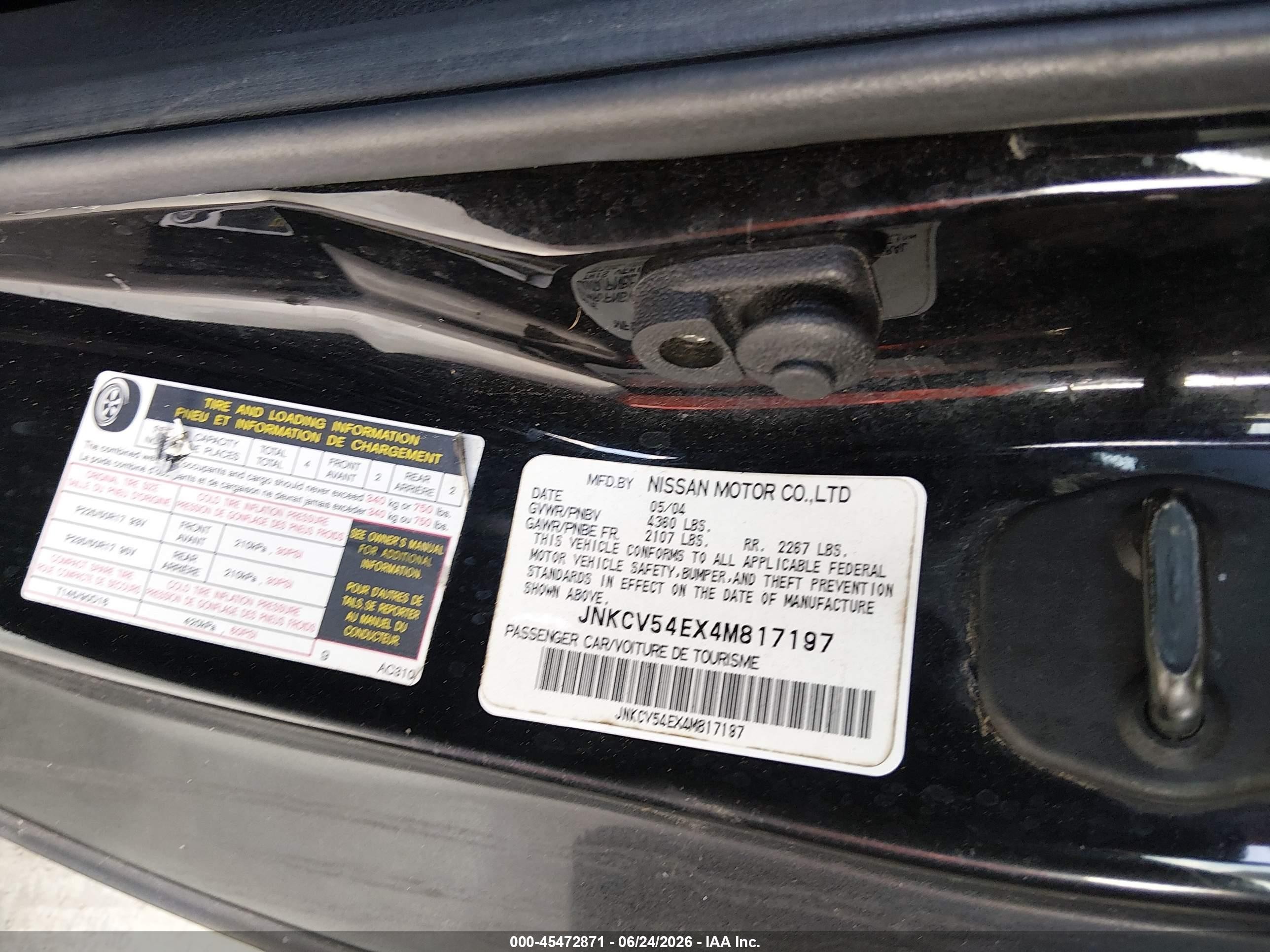 2004 Infiniti G35   Black vin: JNKCV54EX4M817197