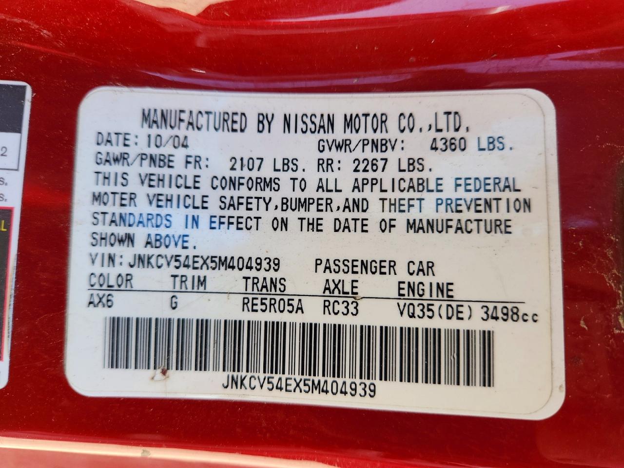 2005 Infiniti G35 Base Red vin: JNKCV54EX5M404939