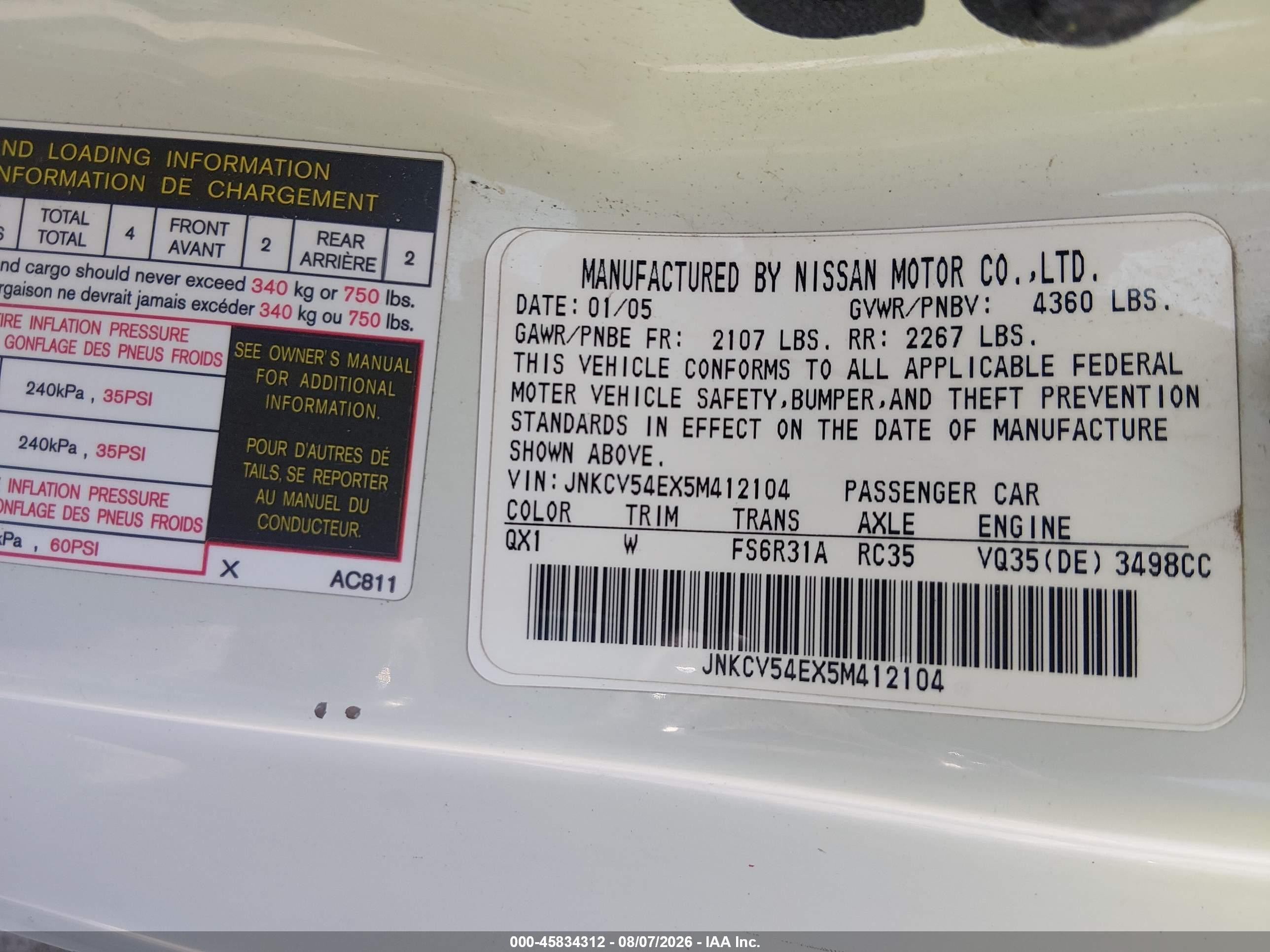 2005 Infiniti G35   White vin: JNKCV54EX5M412104