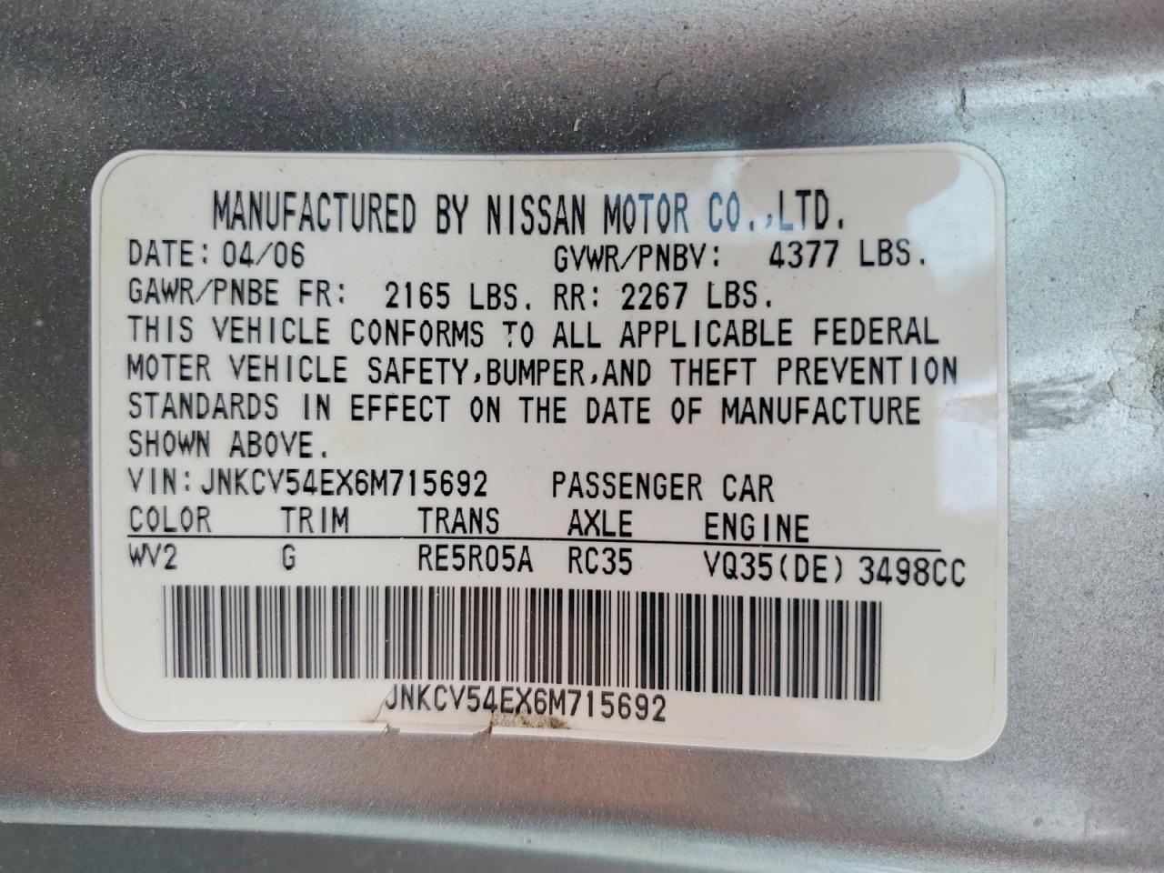 2006 Infiniti G35 Base Gray vin: JNKCV54EX6M715692
