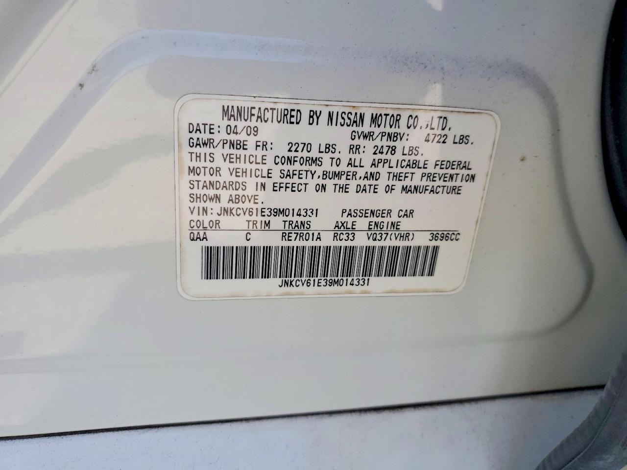 2009 Infiniti G37 Sedan Base White vin: JNKCV61E39M014331