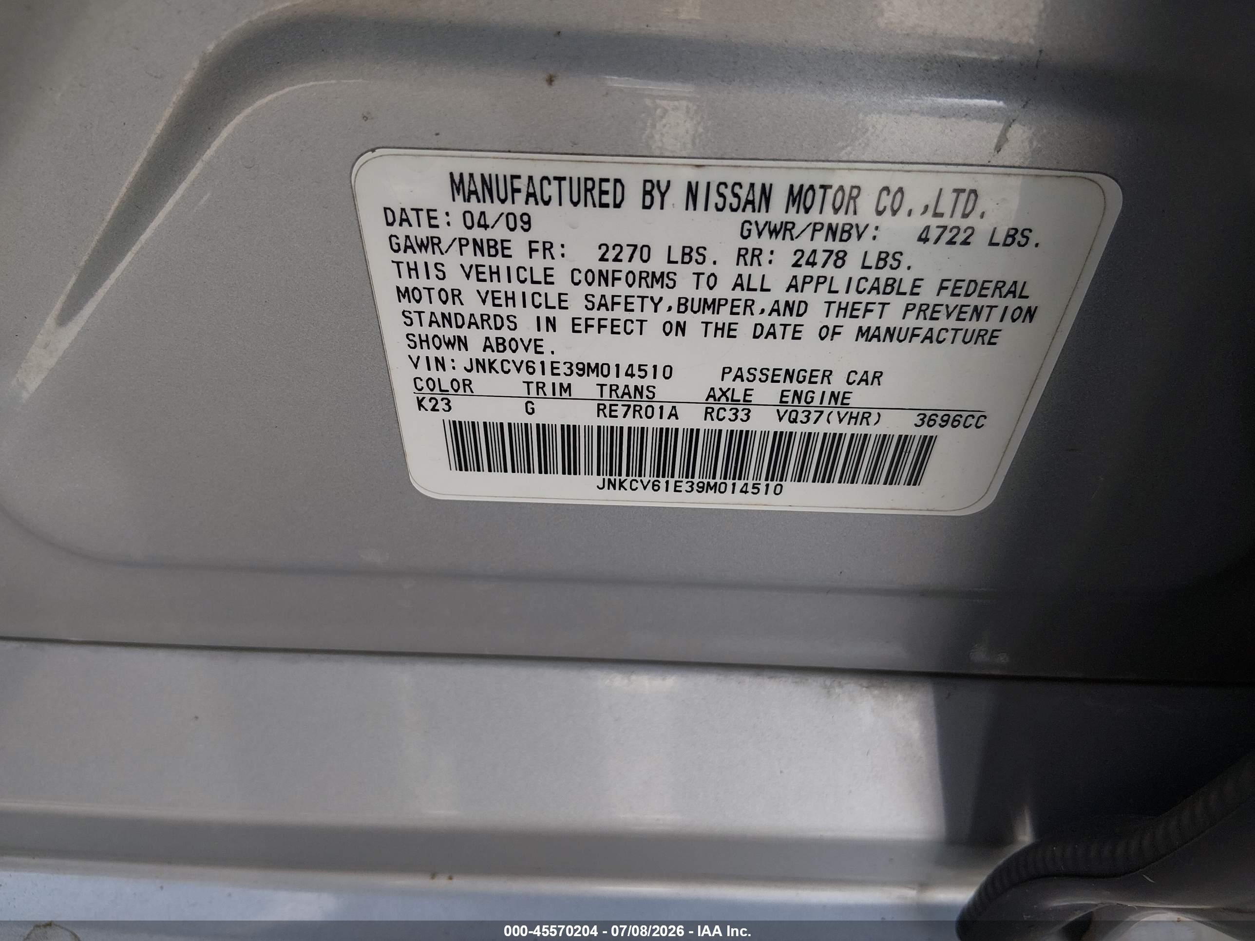 2009 Infiniti G37 Journey Silver vin: JNKCV61E39M014510
