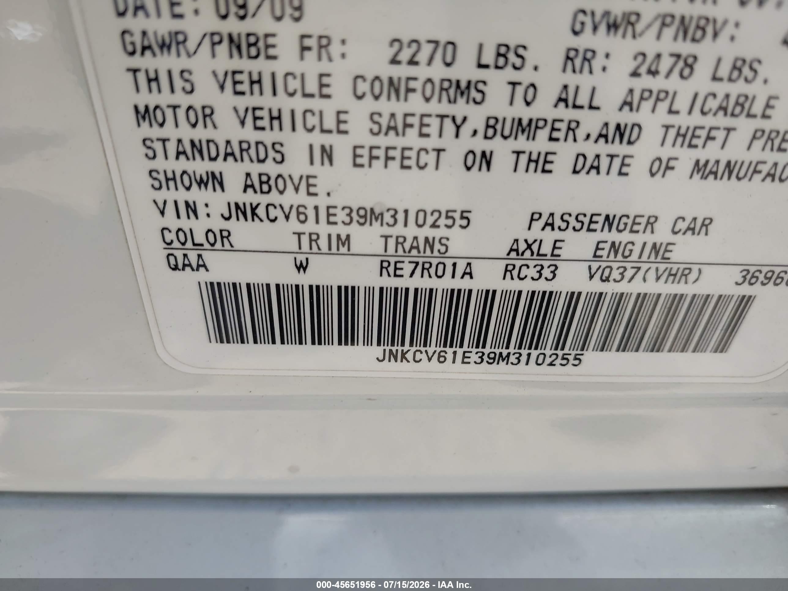 2009 Infiniti G37 Journey White vin: JNKCV61E39M310255