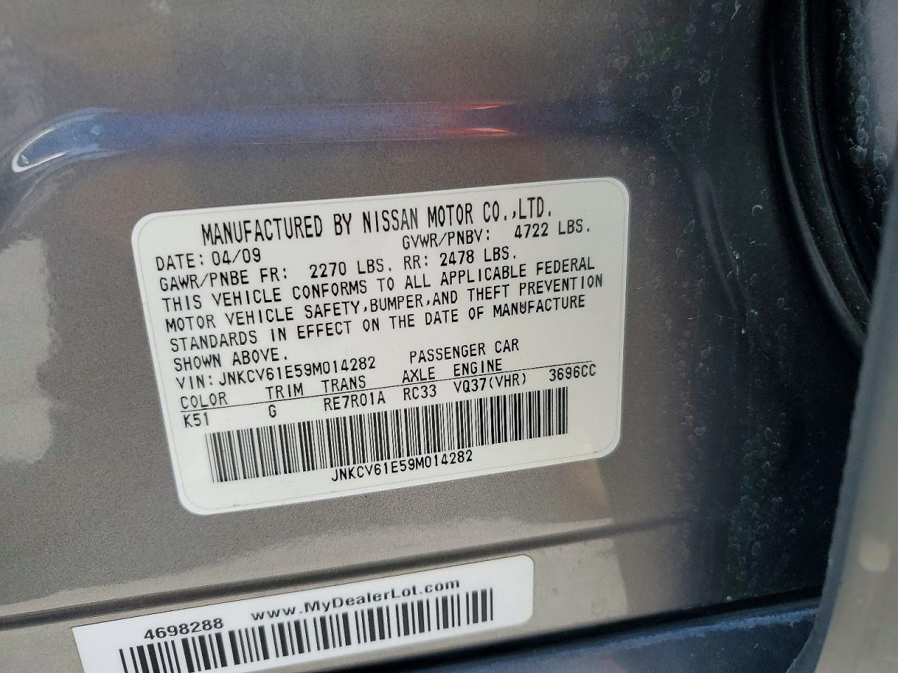 2009 Infiniti G37 Sedan Base Gray vin: JNKCV61E59M014282